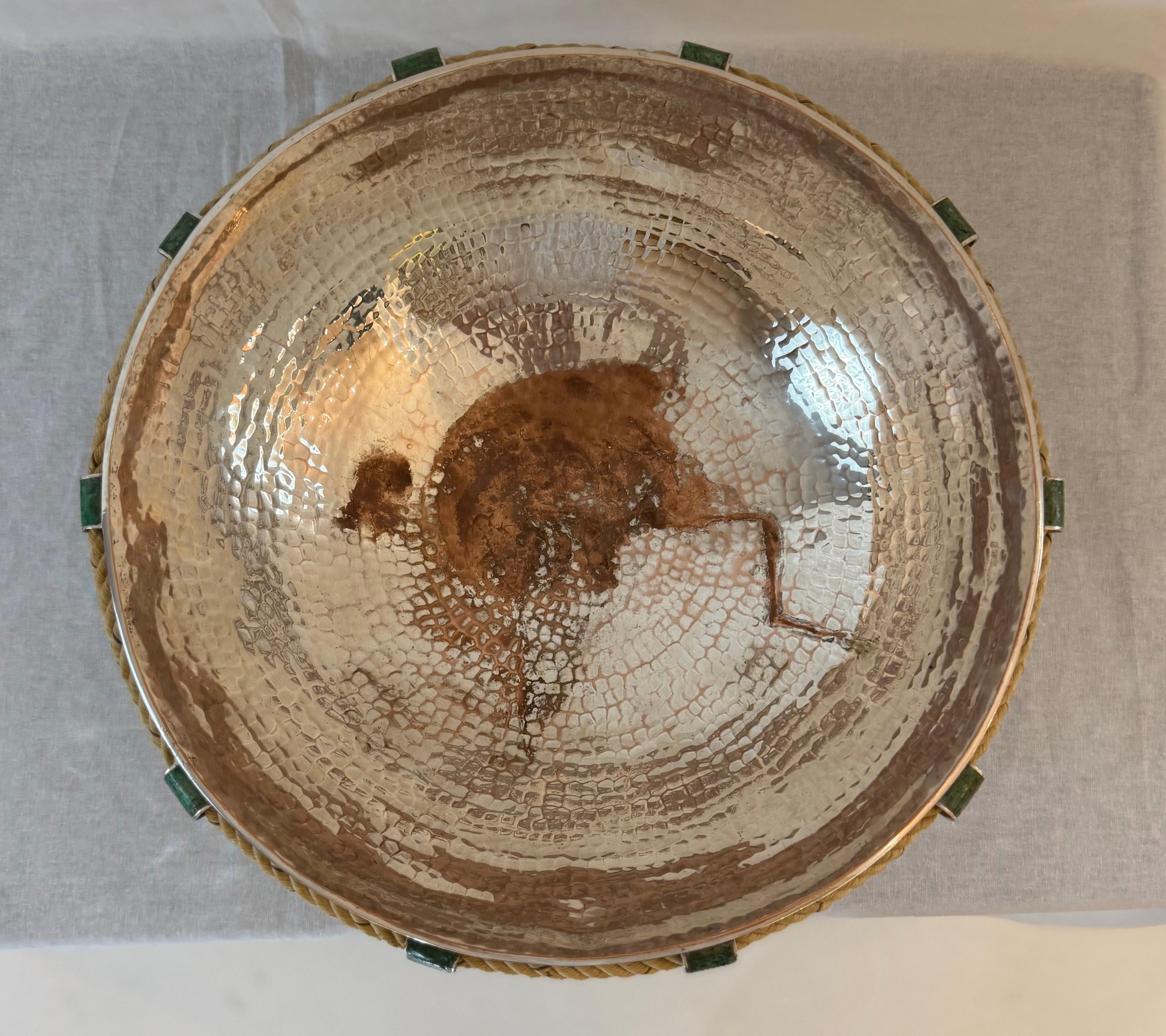 Organic Modern Emilia Castillo Silver Plate Copper Salad Bowl with Utensils and Malachite Inlay For Sale