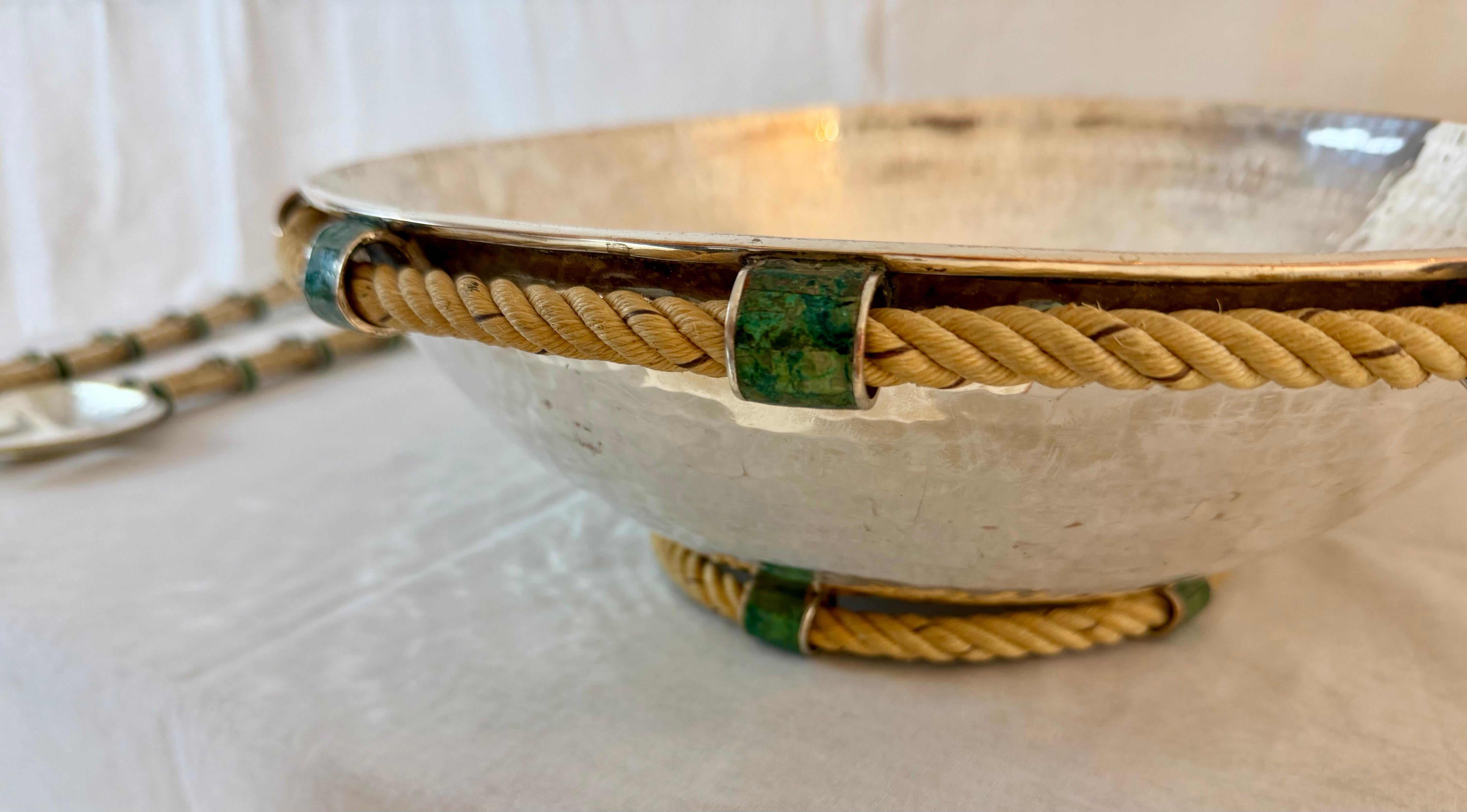 Mexican Emilia Castillo Silver Plate Copper Salad Bowl with Utensils and Malachite Inlay For Sale