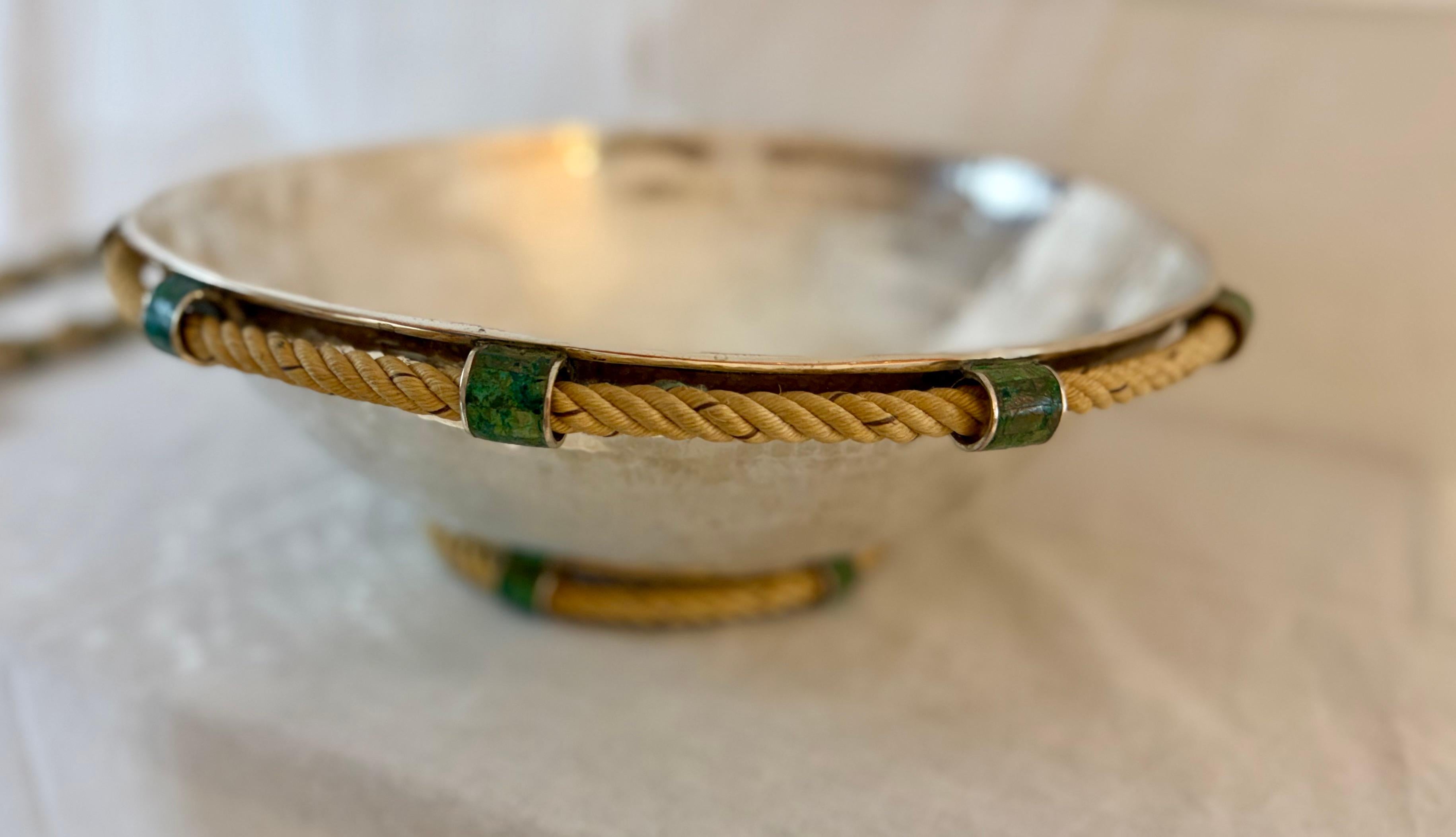 Hammered Emilia Castillo Silver Plate Copper Salad Bowl with Utensils and Malachite Inlay For Sale