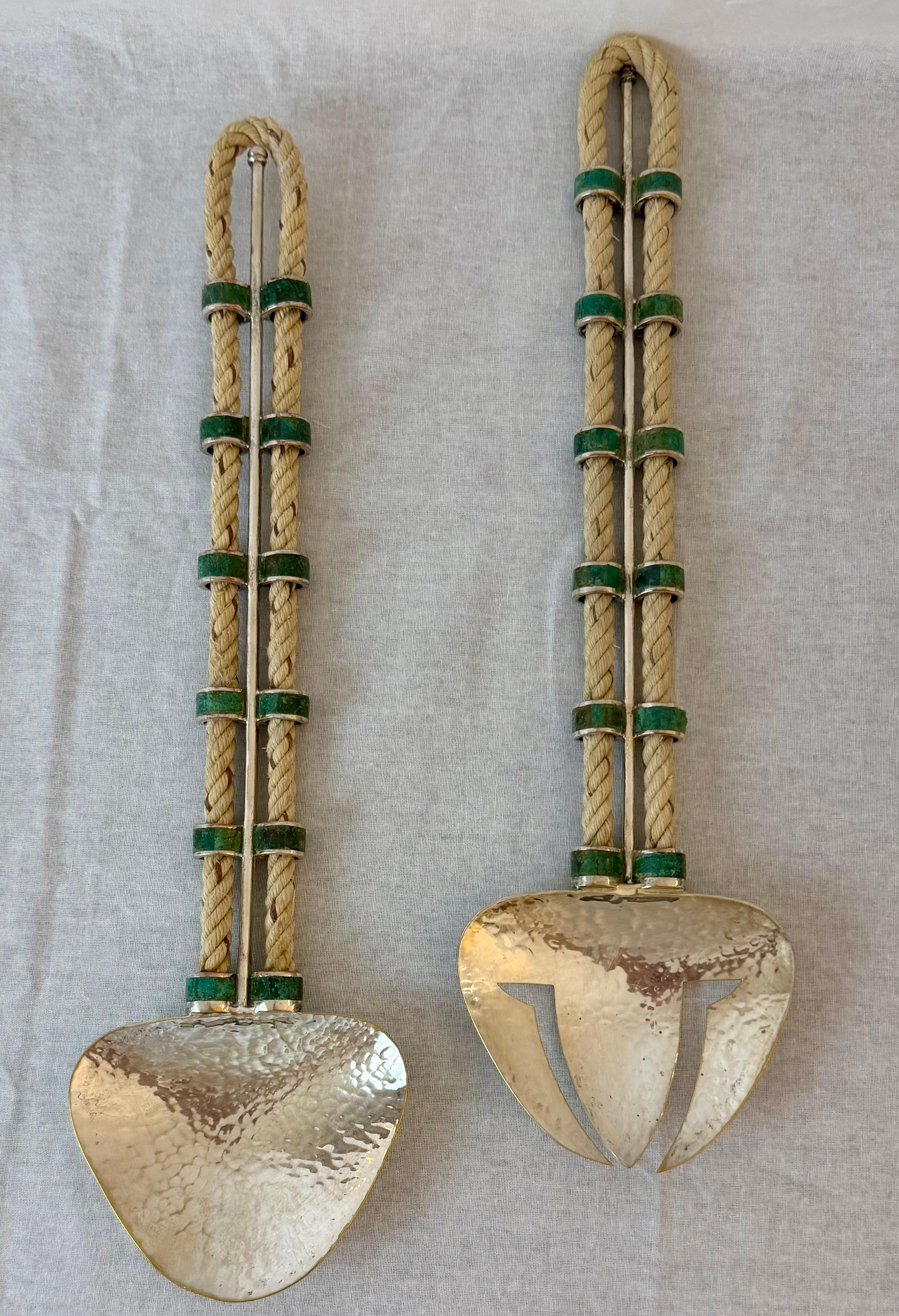 Emilia Castillo Silver Plate Copper Salad Bowl with Utensils and Malachite Inlay In Good Condition For Sale In Palm Desert, CA