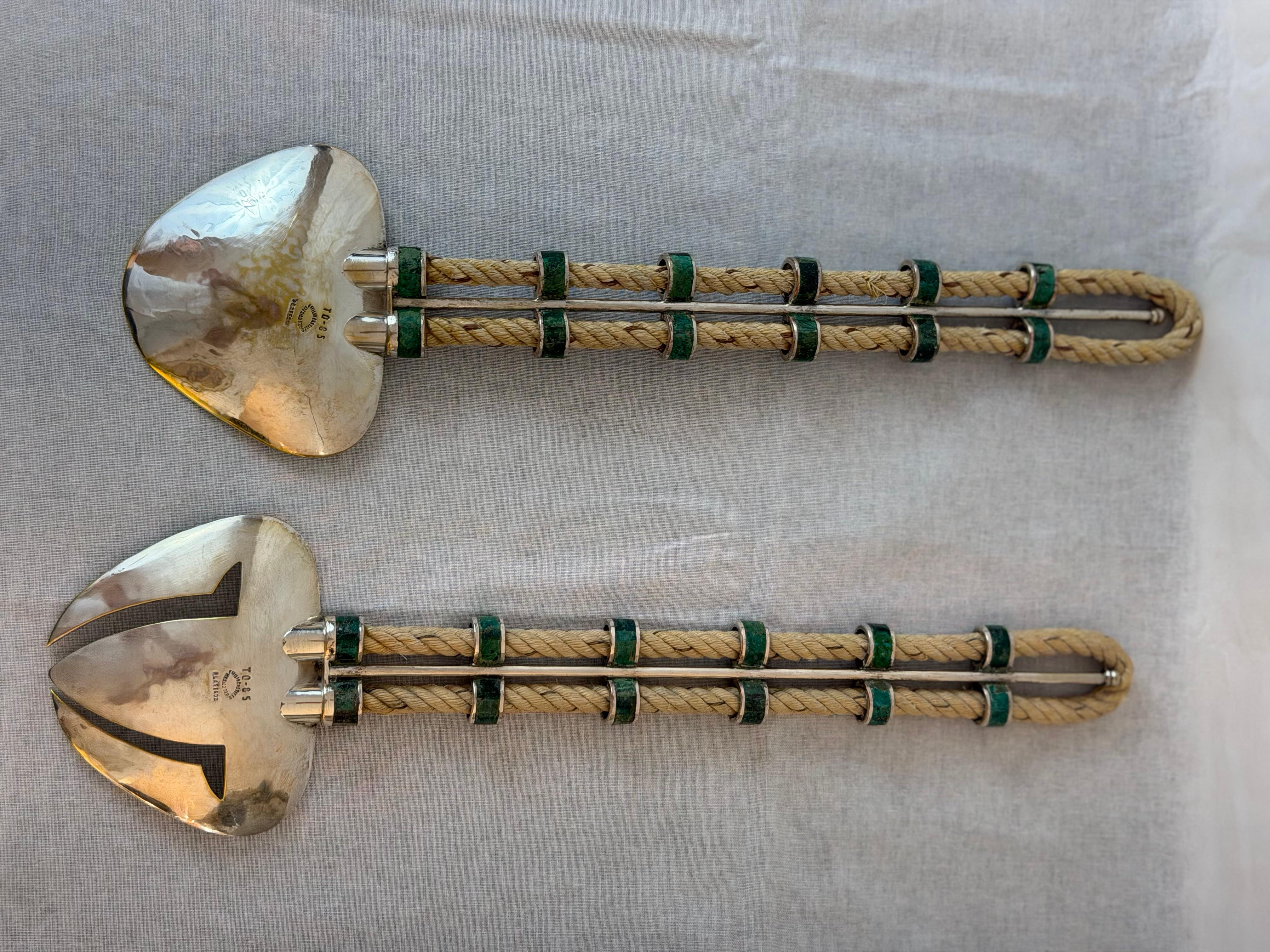 Late 20th Century Emilia Castillo Silver Plate Copper Salad Bowl with Utensils and Malachite Inlay For Sale