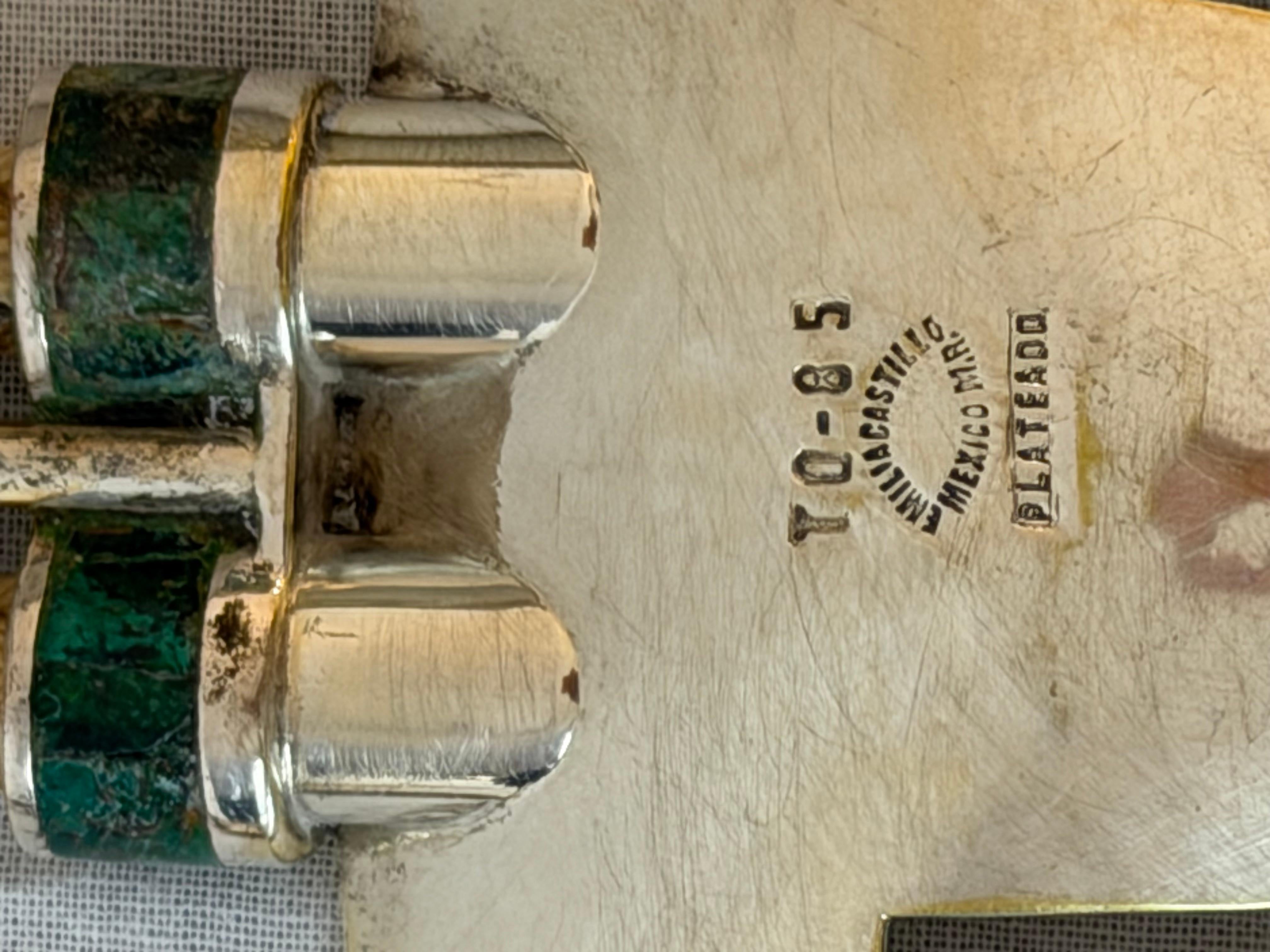 Emilia Castillo Silver Plate Copper Salad Bowl with Utensils and Malachite Inlay For Sale 1