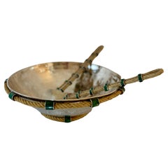 Emilia Castillo Silver Plate Copper Salad Bowl with Utensils and Malachite Inlay