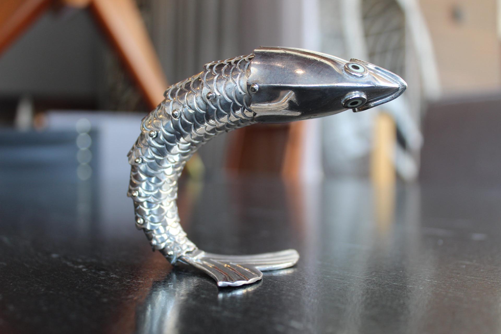 Mexican Emilia Castillo Silver Plate Fish Bottle Opener For Sale