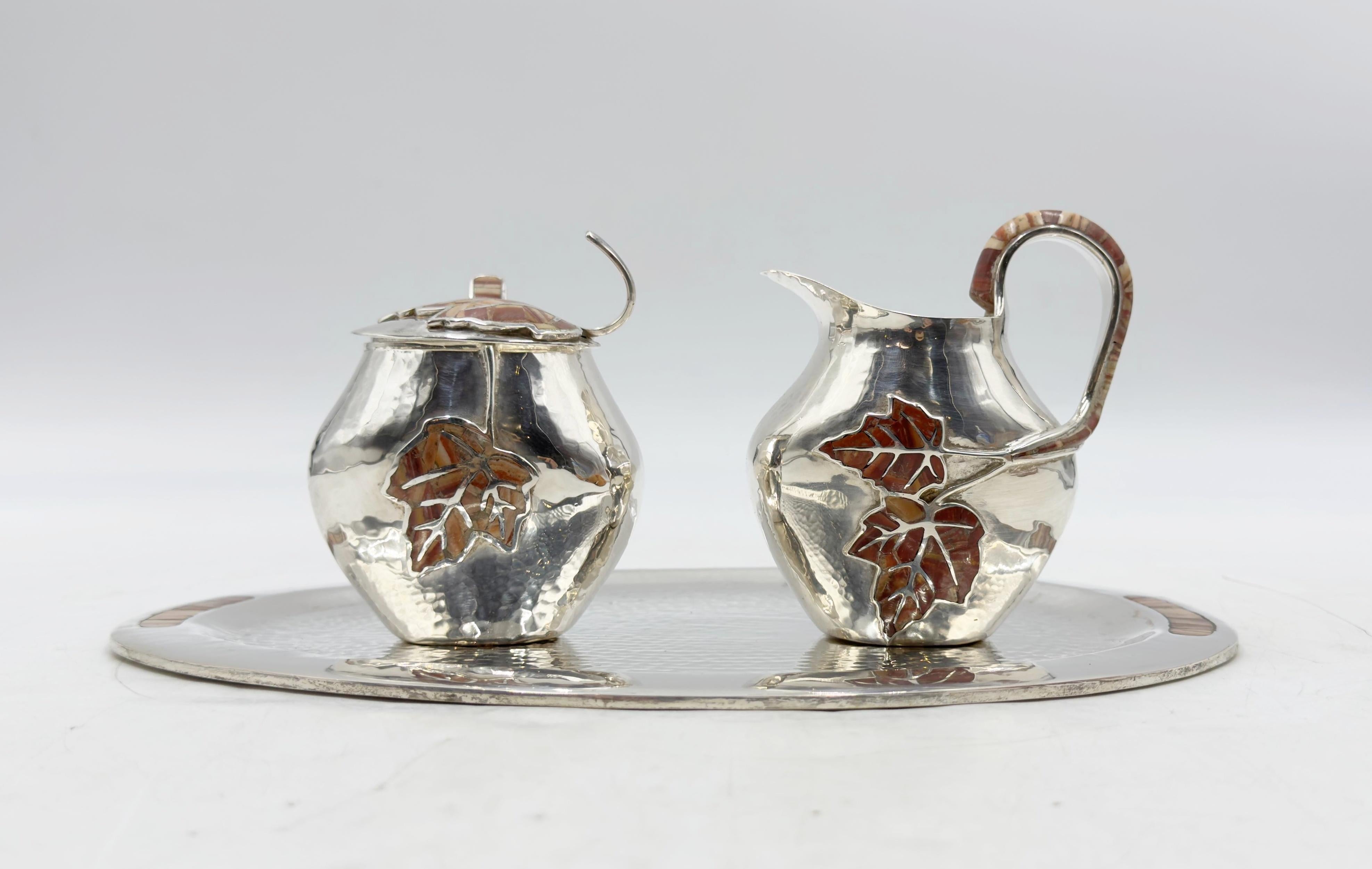 Emilia Castillo Silver Plate Tea Set with Jasper Inlay, Signed Mexican Modernist For Sale 5