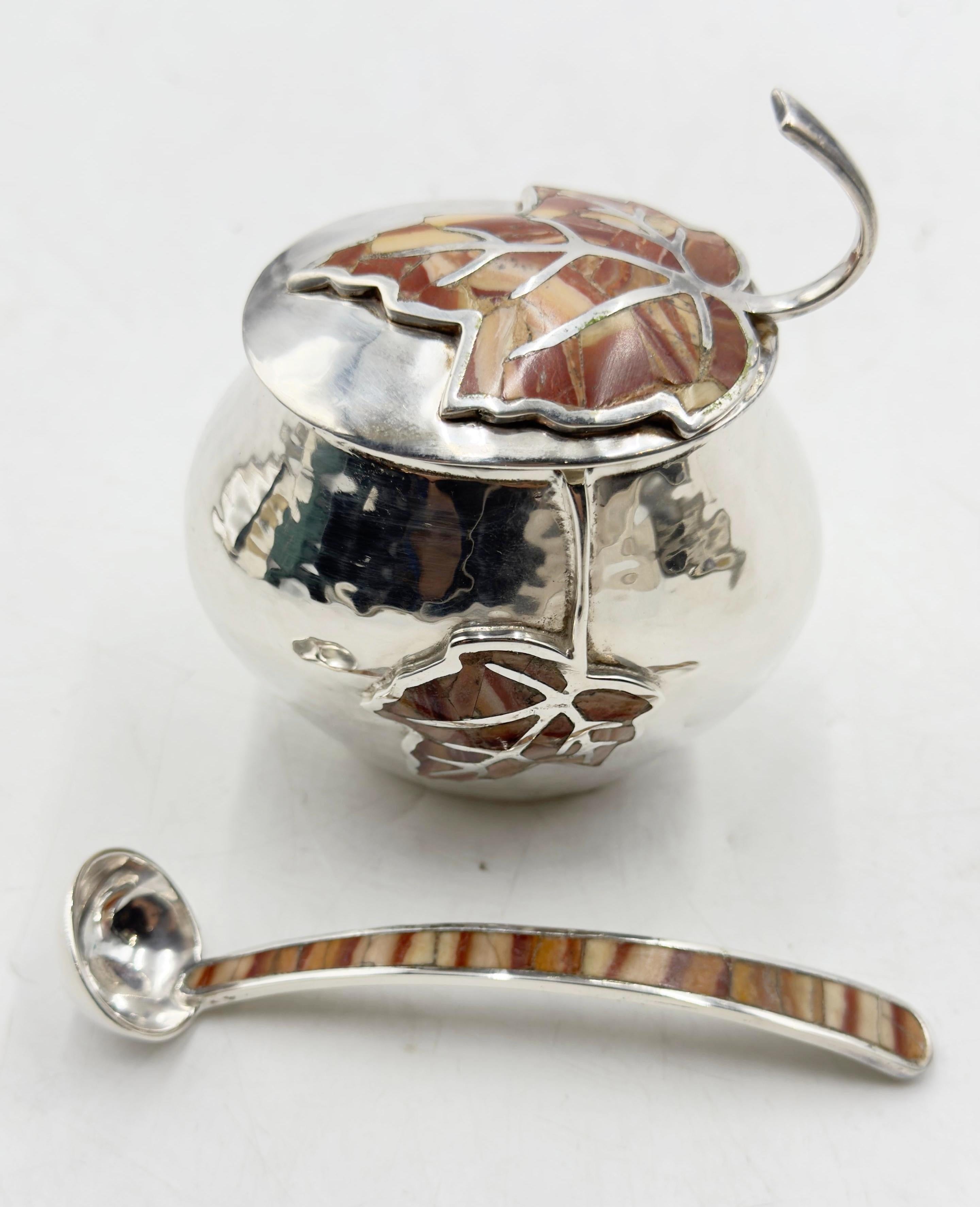 Emilia Castillo Silver Plate Tea Set with Jasper Inlay, Signed Mexican Modernist For Sale 9