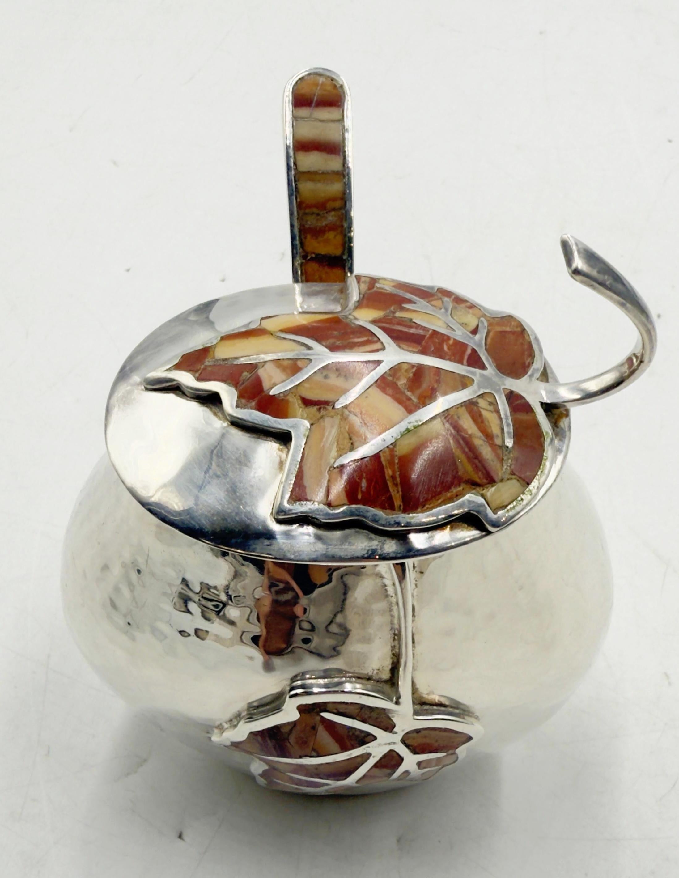 Emilia Castillo Silver Plate Tea Set with Jasper Inlay, Signed Mexican Modernist For Sale 11