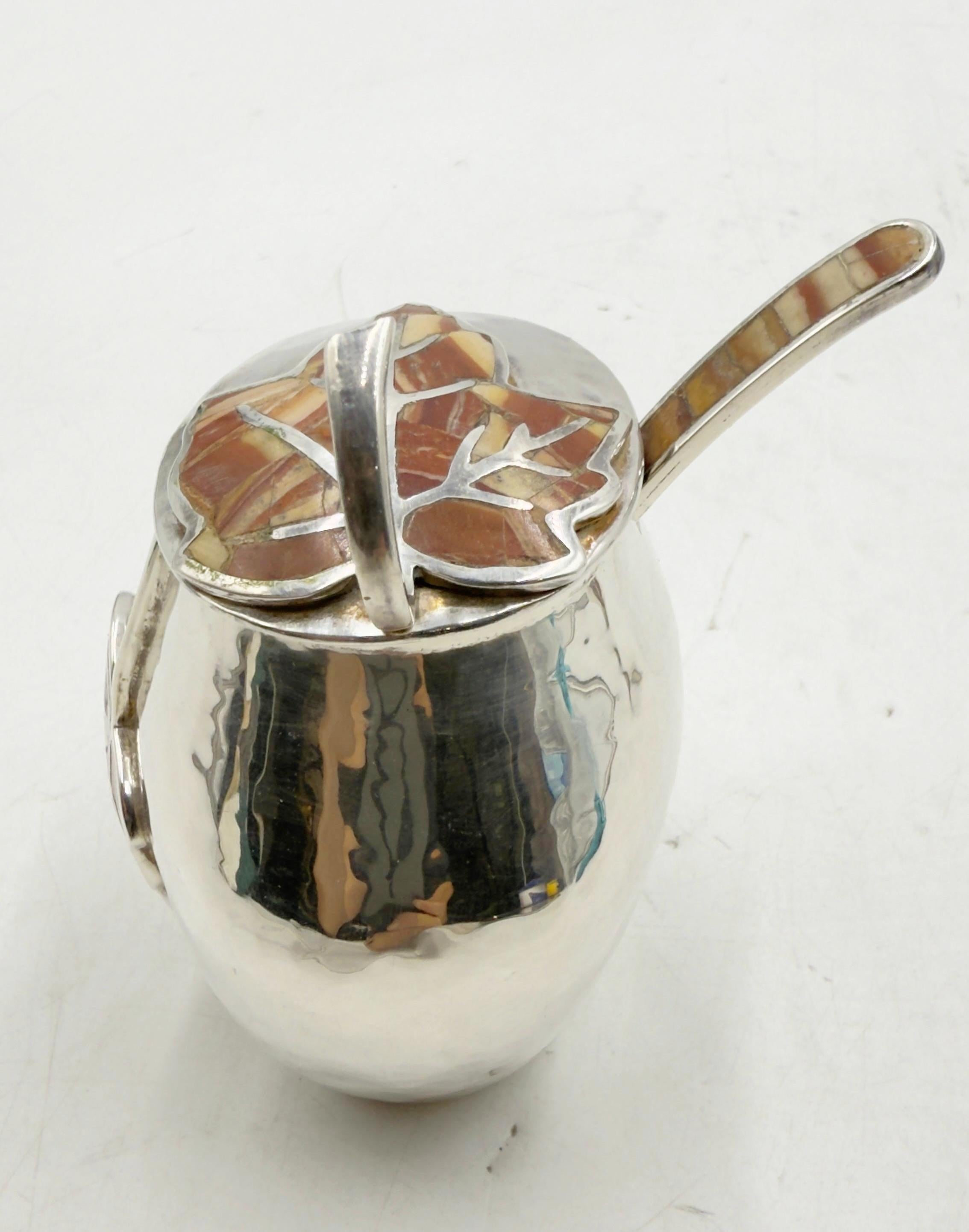 Emilia Castillo Silver Plate Tea Set with Jasper Inlay, Signed Mexican Modernist For Sale 12