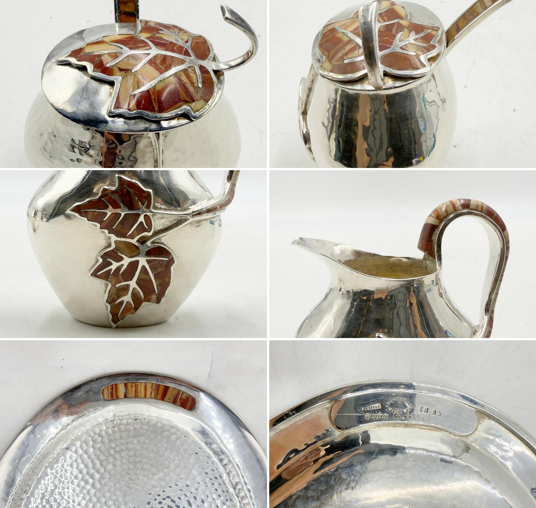 Emilia Castillo Silver Plate Tea Set with Jasper Inlay, Signed Mexican Modernist For Sale 13