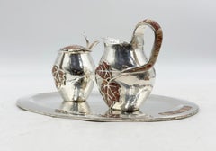 Emilia Castillo Silver Plate Tea Set with Jasper Inlay, Signed Mexican Modernist