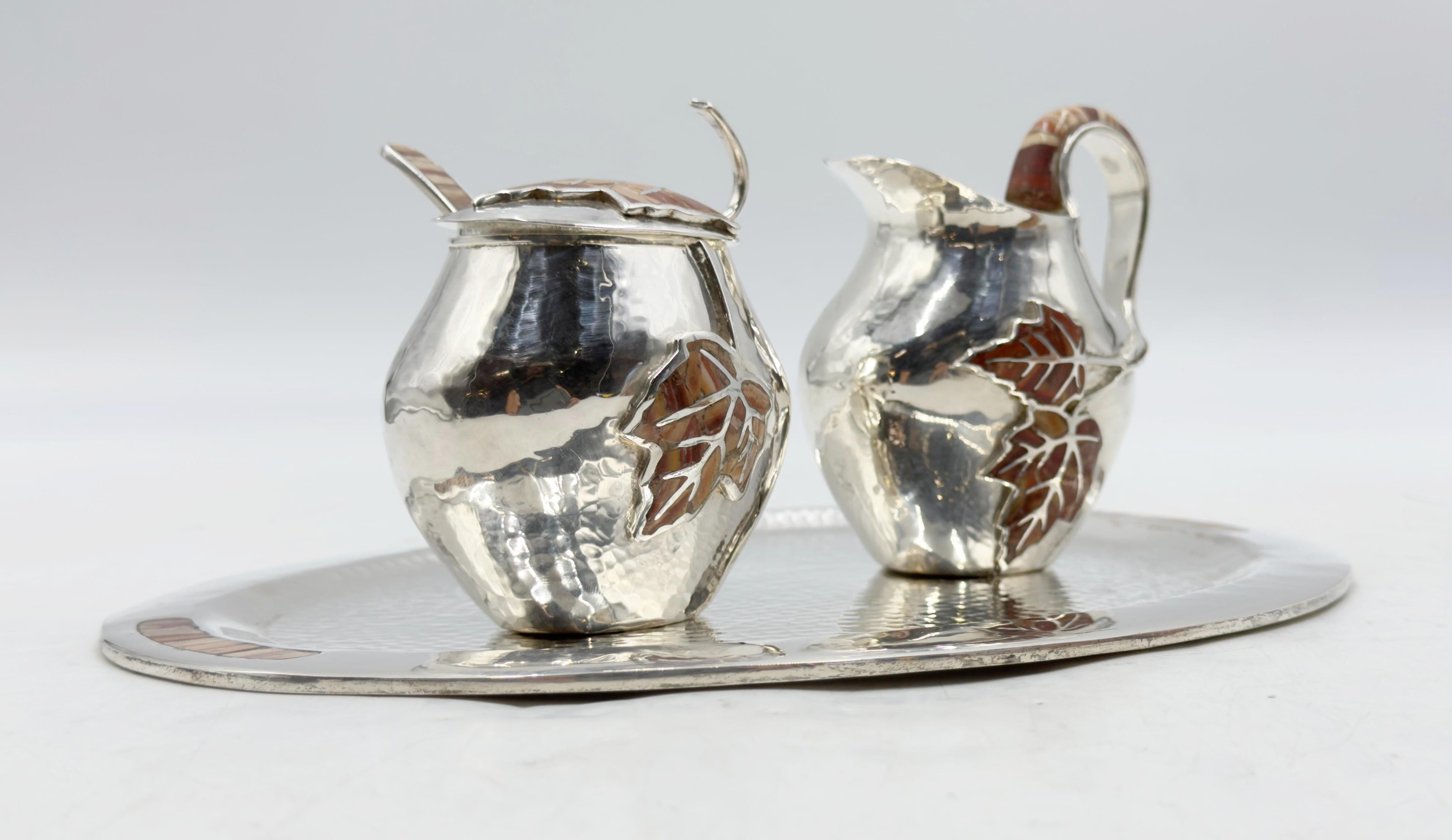 Hand-Crafted Emilia Castillo Silver Plate Tea Set with Jasper Inlay, Signed Mexican Modernist For Sale