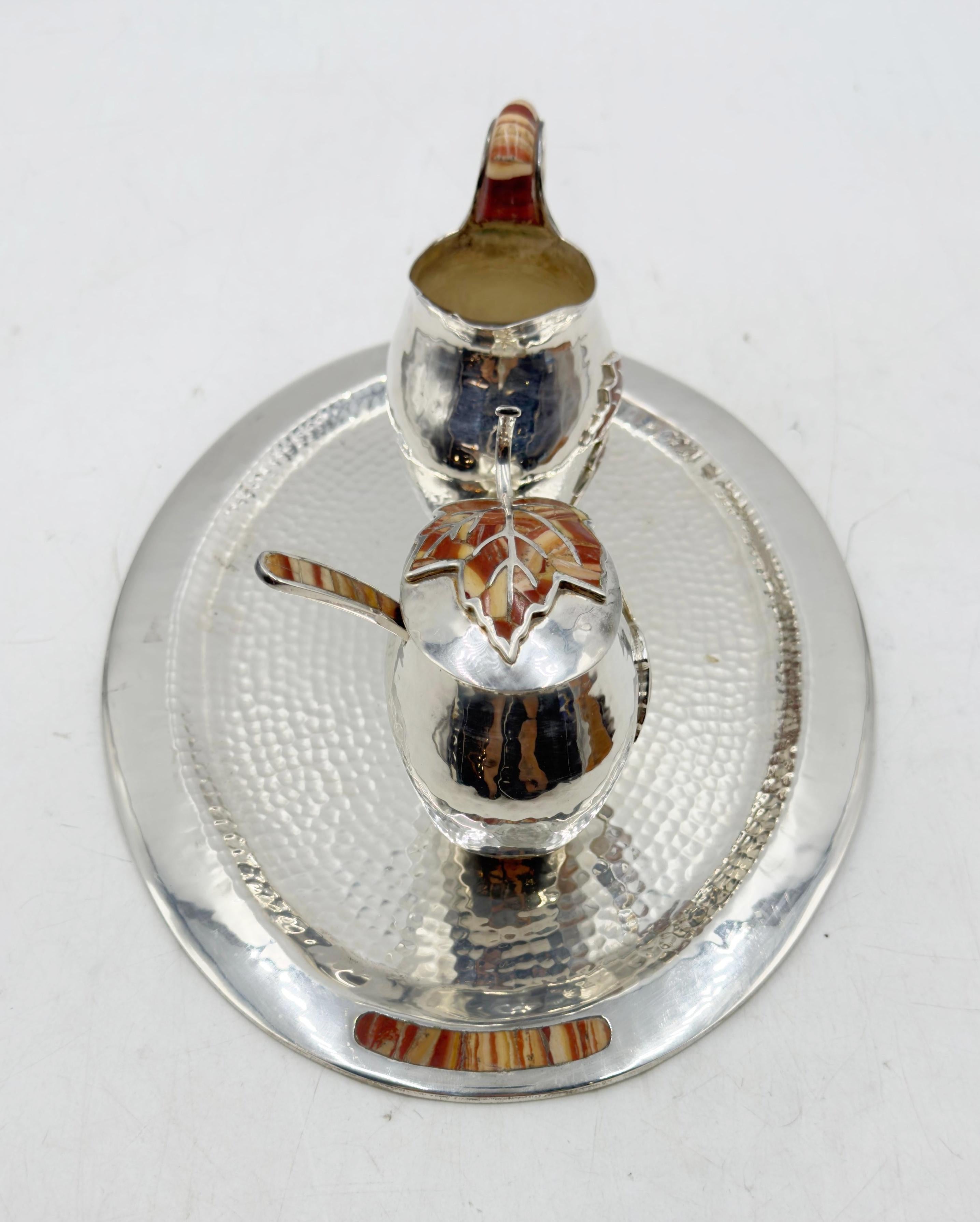 Late 20th Century Emilia Castillo Silver Plate Tea Set with Jasper Inlay, Signed Mexican Modernist For Sale