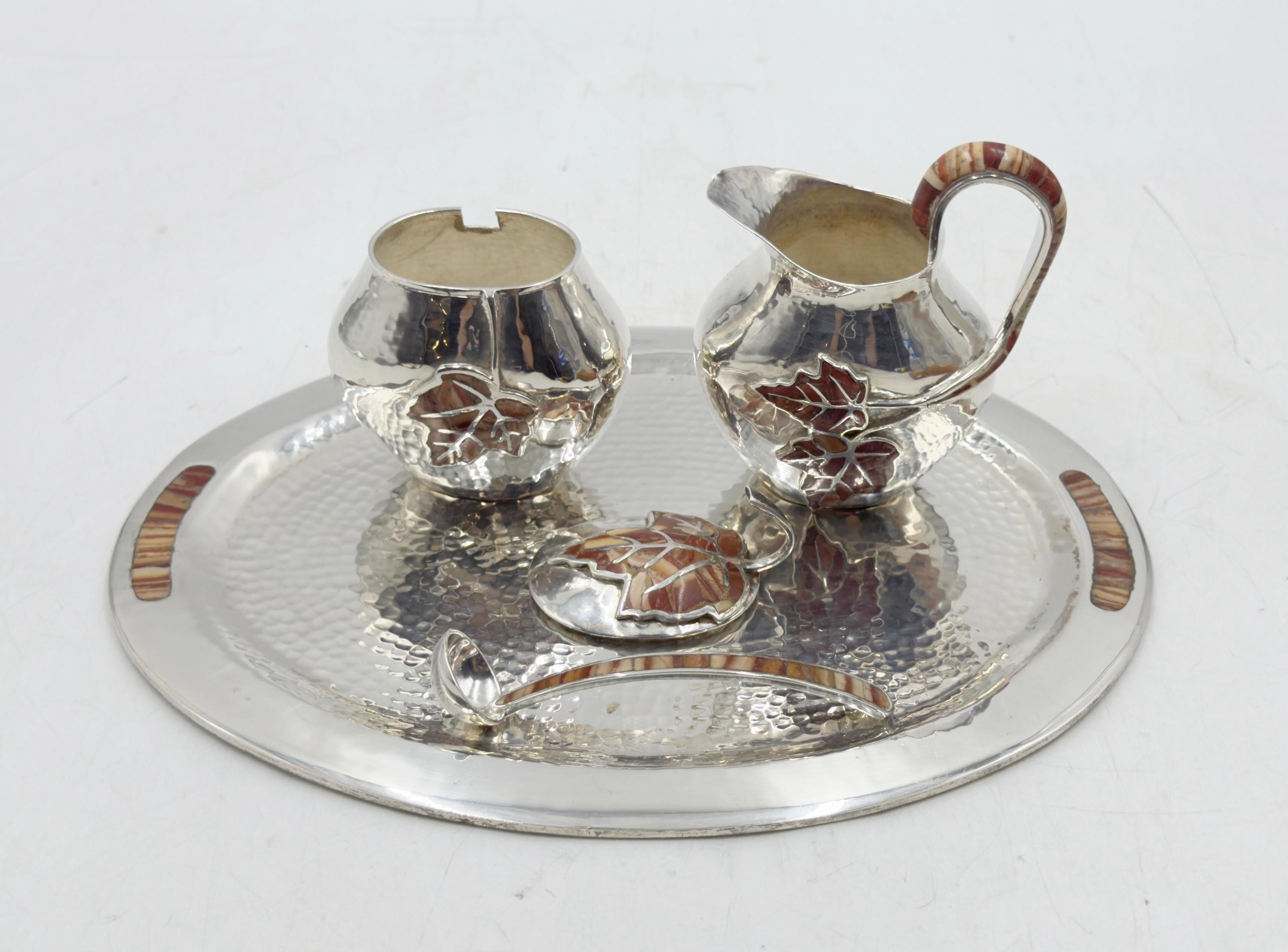 Emilia Castillo Silver Plate Tea Set with Jasper Inlay, Signed Mexican Modernist For Sale 1