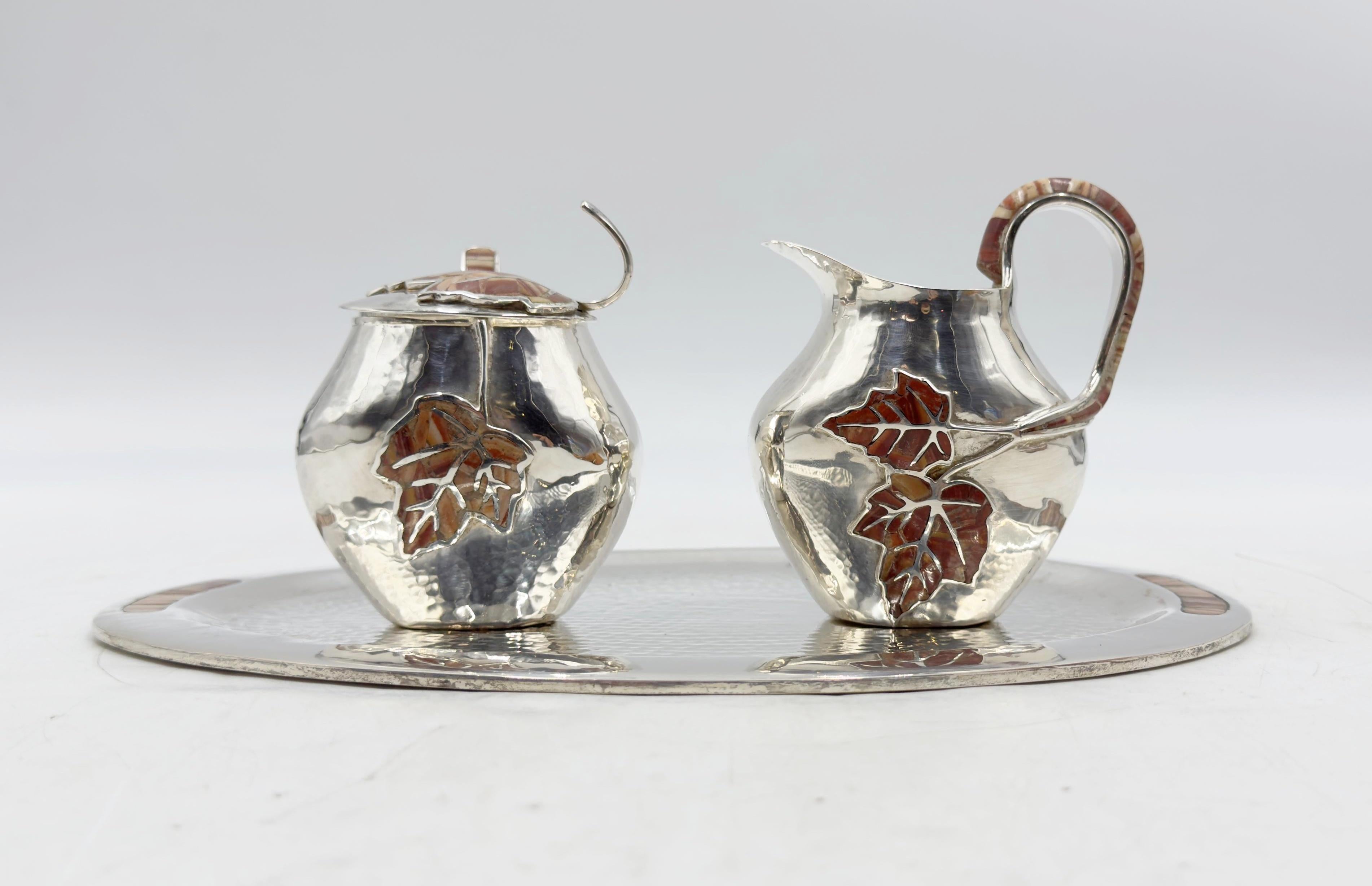 Emilia Castillo Silver Plate Tea Set with Jasper Inlay, Signed Mexican Modernist For Sale 2
