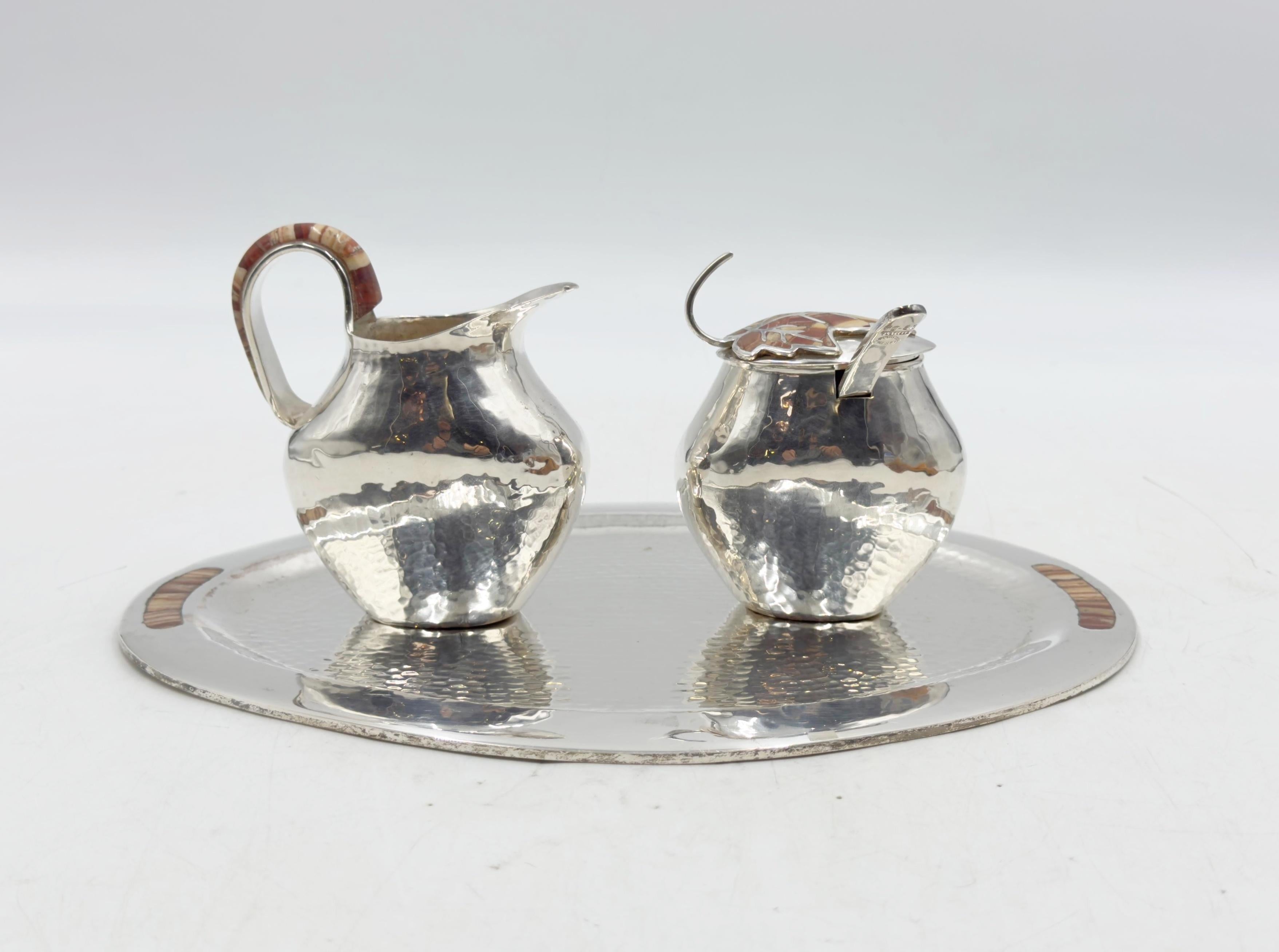 Emilia Castillo Silver Plate Tea Set with Jasper Inlay, Signed Mexican Modernist For Sale 3