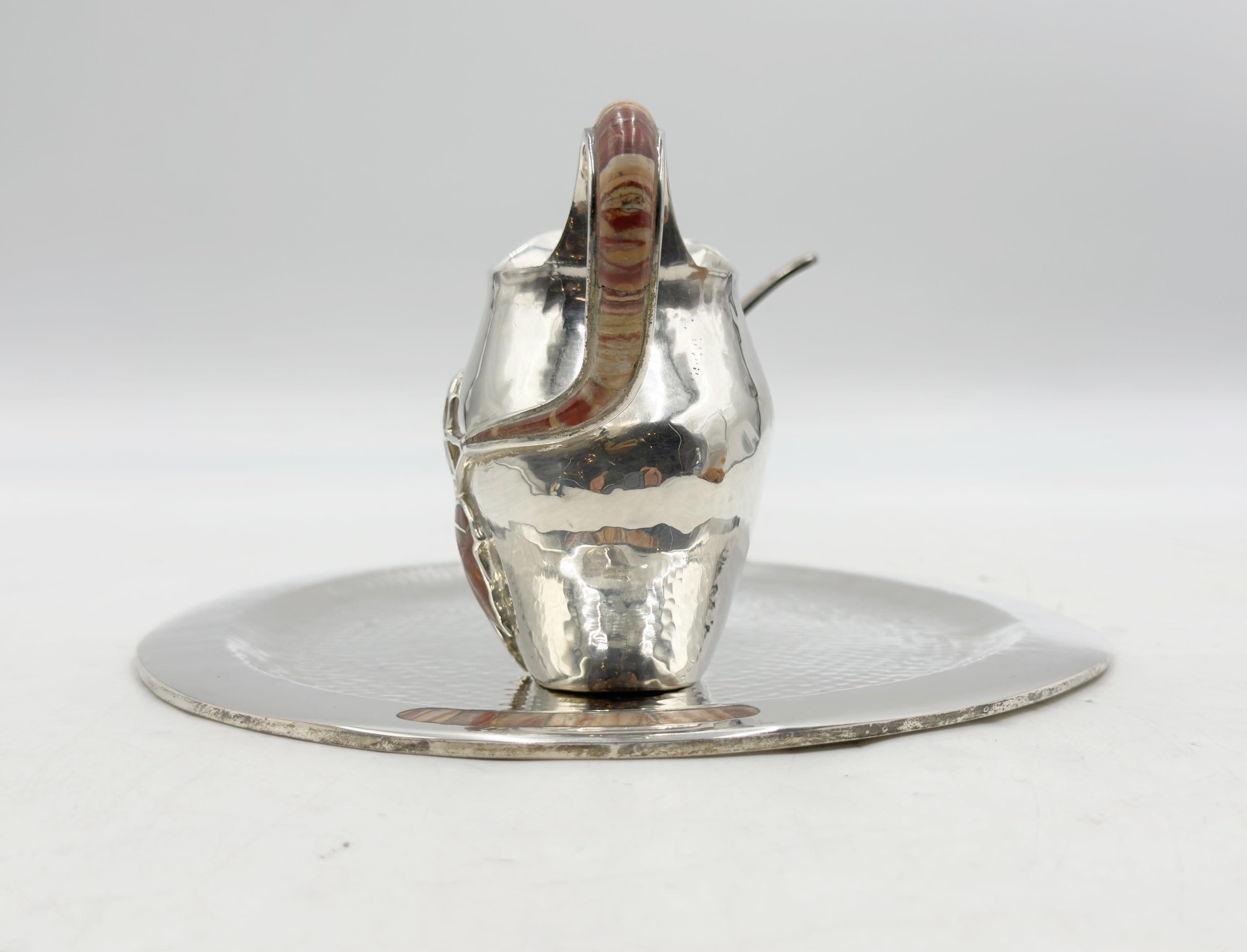 Emilia Castillo Silver Plate Tea Set with Jasper Inlay, Signed Mexican Modernist For Sale 4