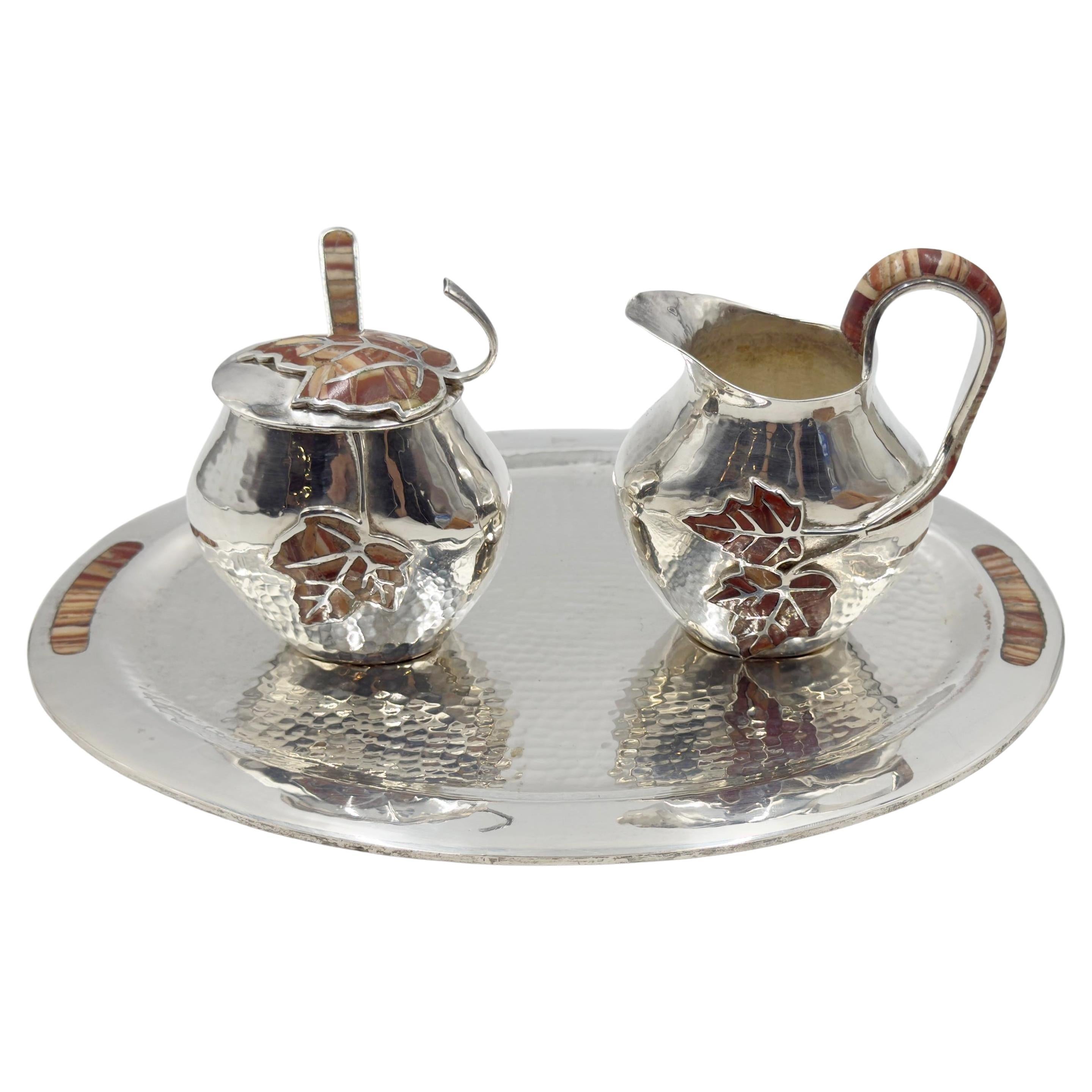 Emilia Castillo Silver Plate Tea Set with Jasper Inlay, Signed Mexican Modernist For Sale