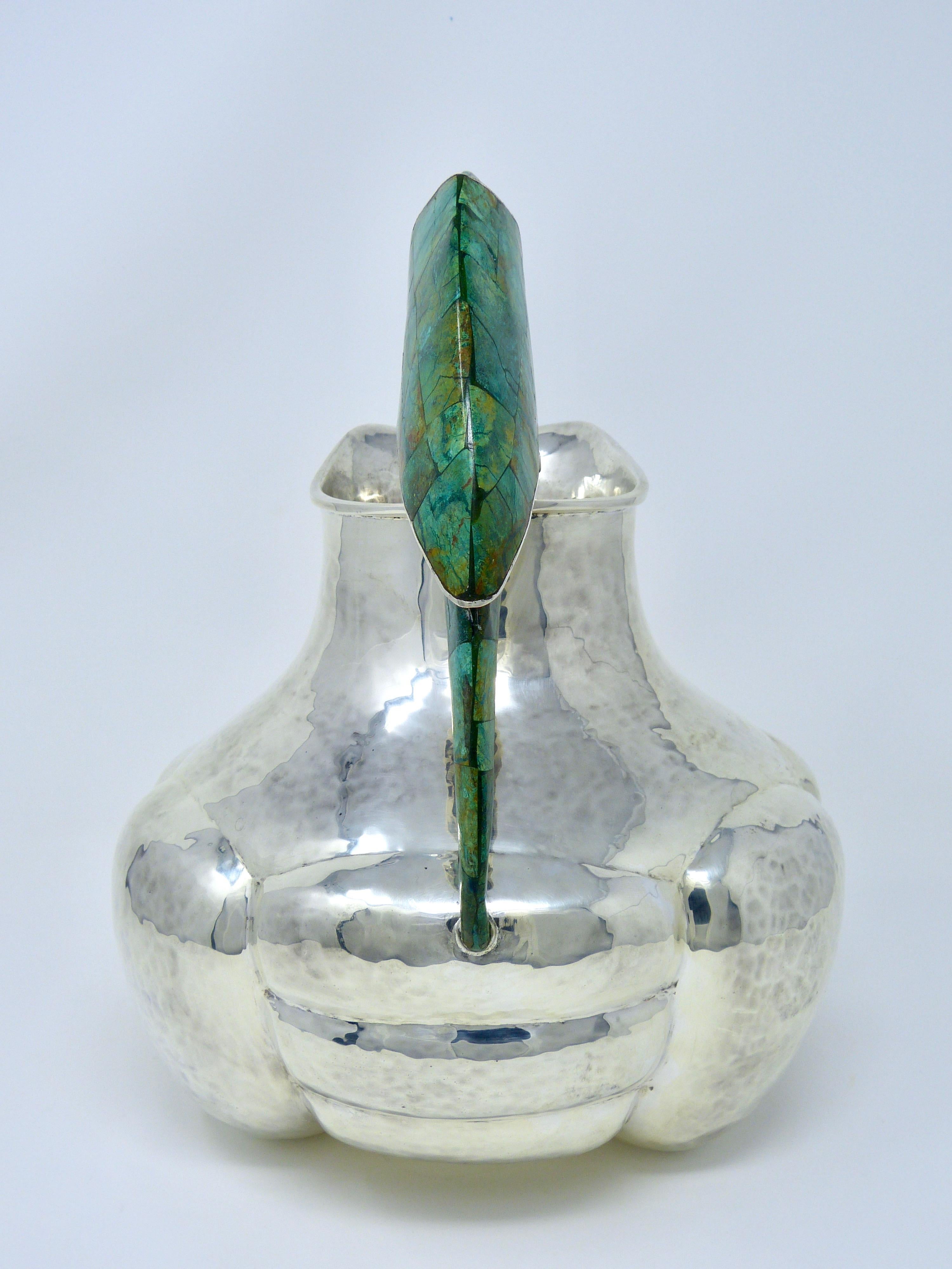 Hammered Emilia Castillo Silver Plated and Malachite Water Pitcher with Parrot Taxco, Mx