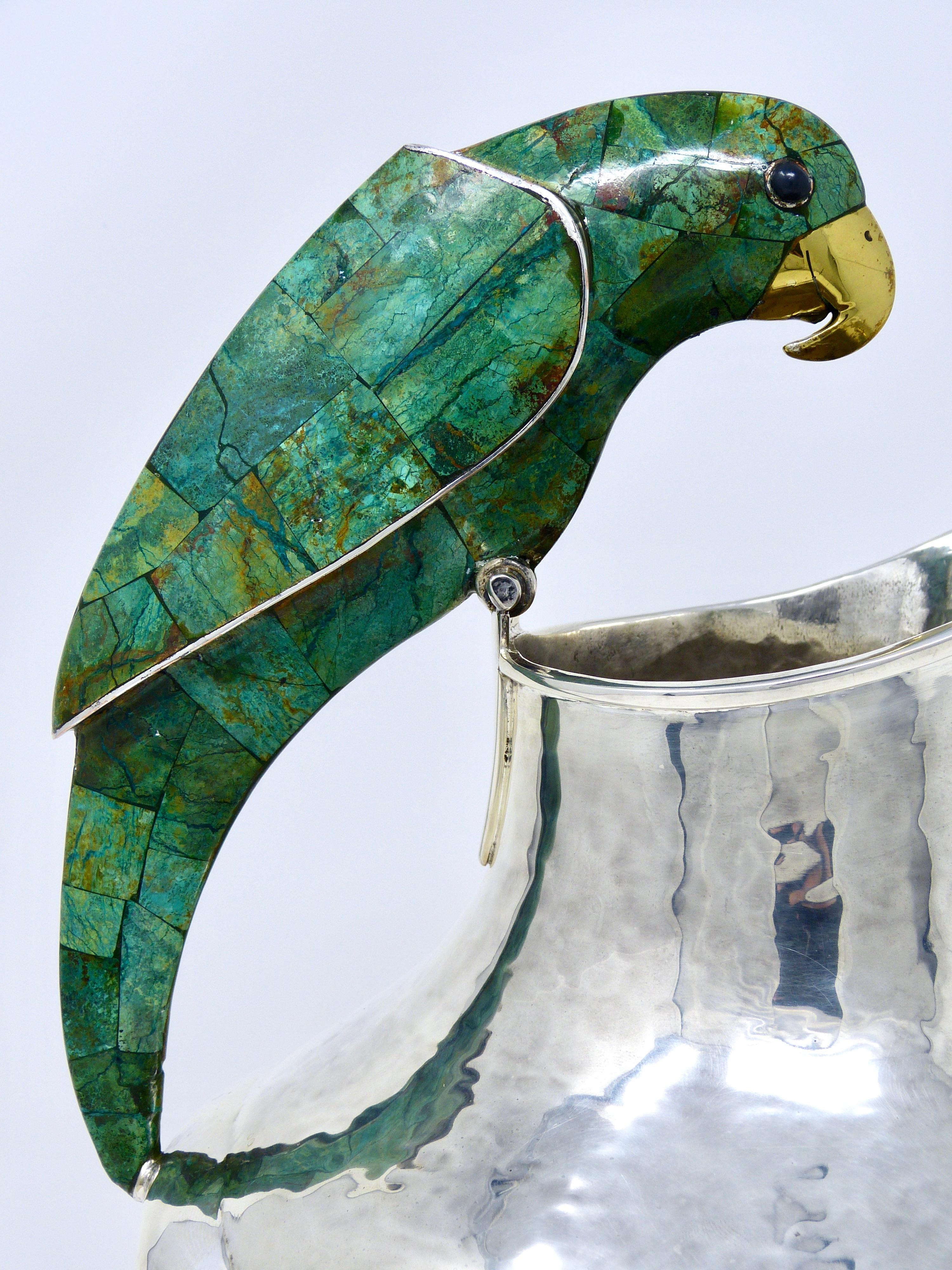 Emilia Castillo Silver Plated and Malachite Water Pitcher with Parrot Taxco, Mx In Excellent Condition In Torreon, Coahuila