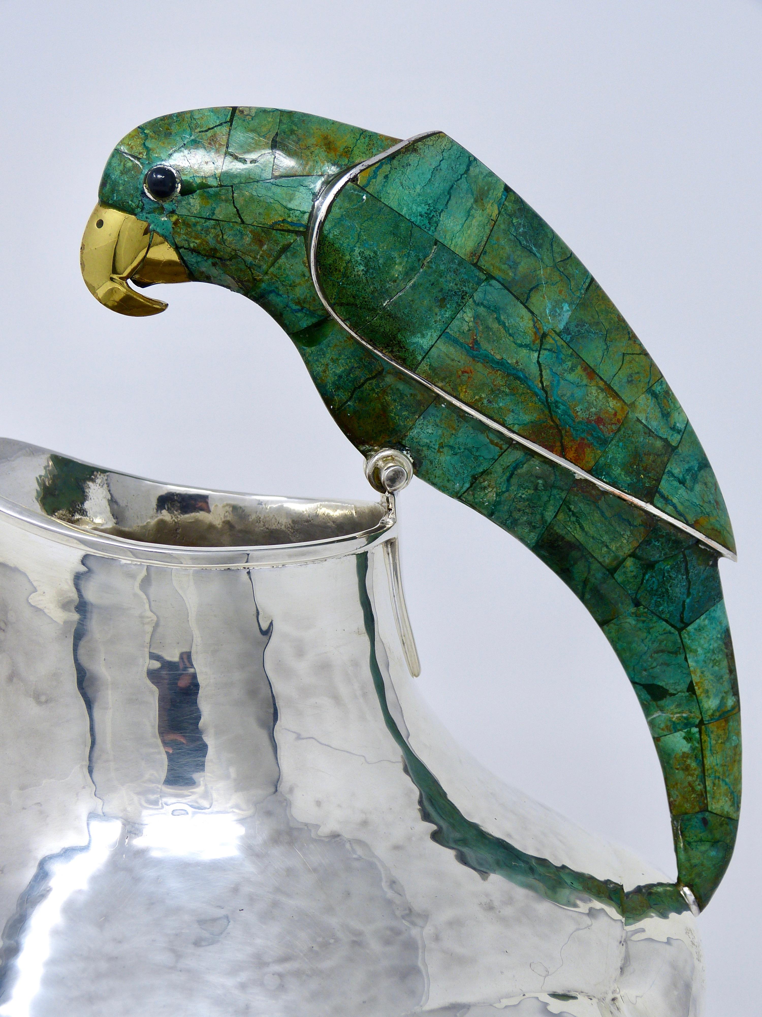 20th Century Emilia Castillo Silver Plated and Malachite Water Pitcher with Parrot Taxco, Mx
