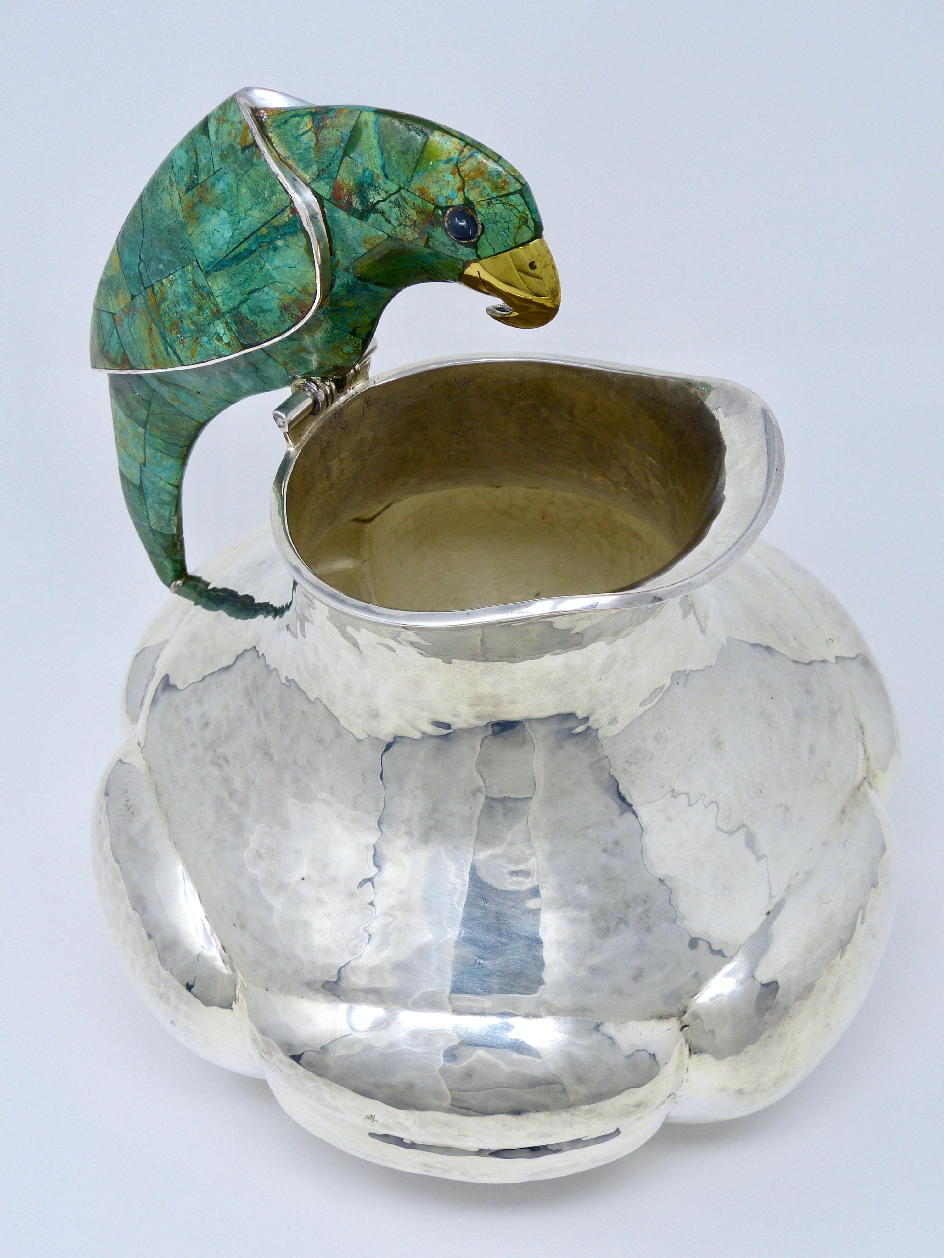 Emilia Castillo Silver Plated and Malachite Water Pitcher with Parrot Taxco, Mx 1