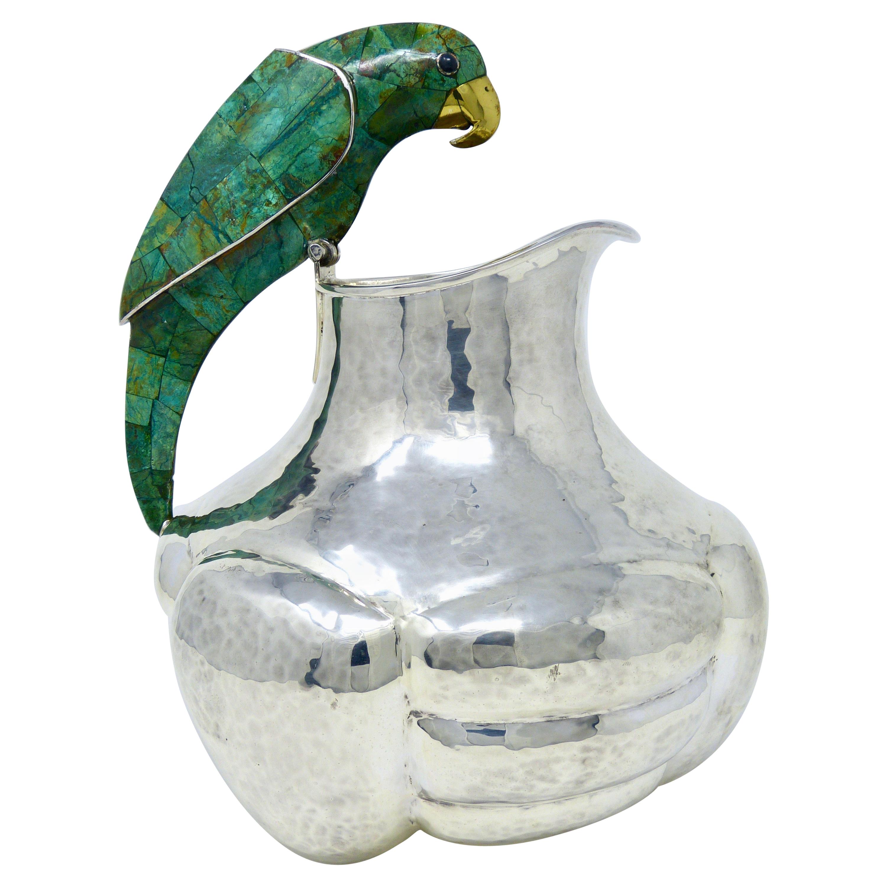 Emilia Castillo Silver Plated and Malachite Water Pitcher with Parrot Taxco, Mx