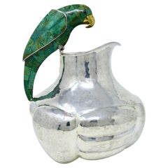 Vintage Emilia Castillo Silver Plated and Malachite Water Pitcher with Parrot Taxco, Mx