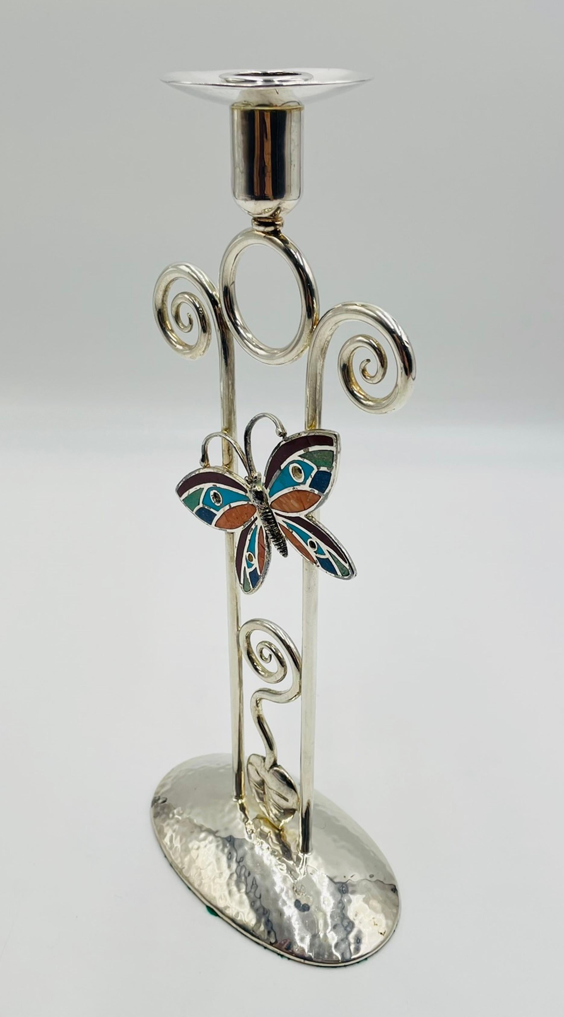 Moderno Emilia Castillo Portacandele a Farfalla placcato argento con intarsio di pietre, messicano in vendita
