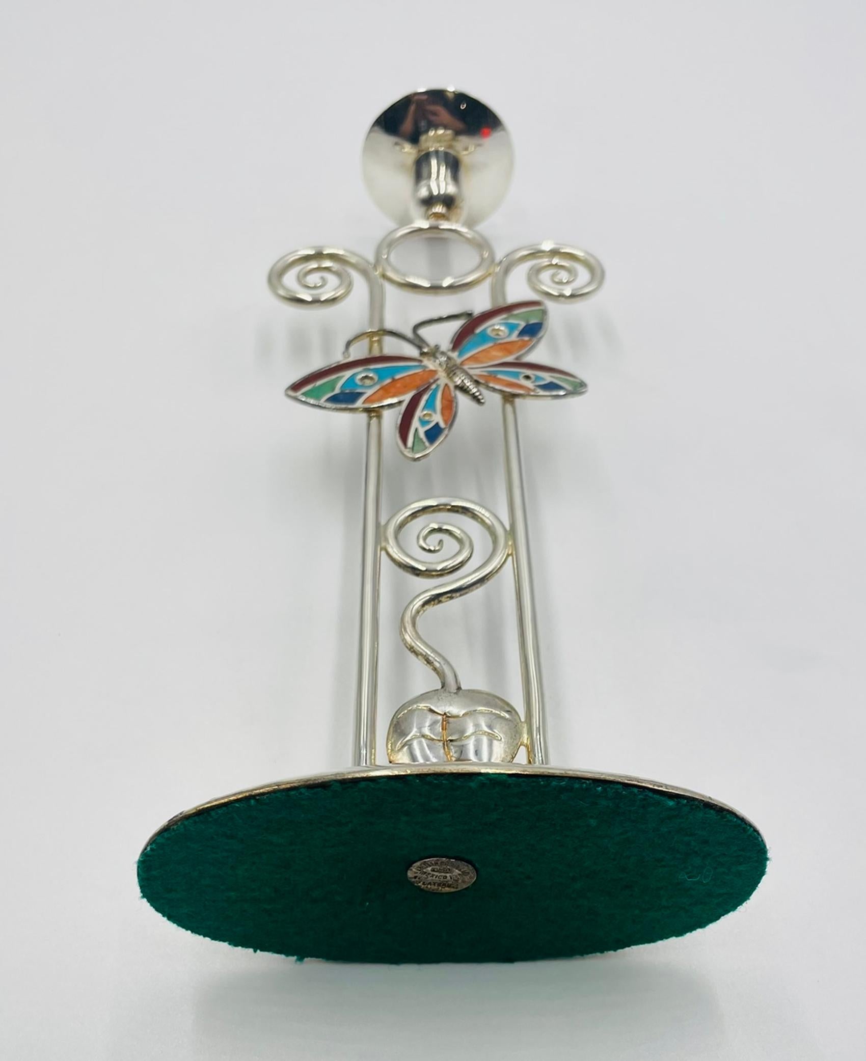 Messicano Emilia Castillo Portacandele a Farfalla placcato argento con intarsio di pietre, messicano in vendita