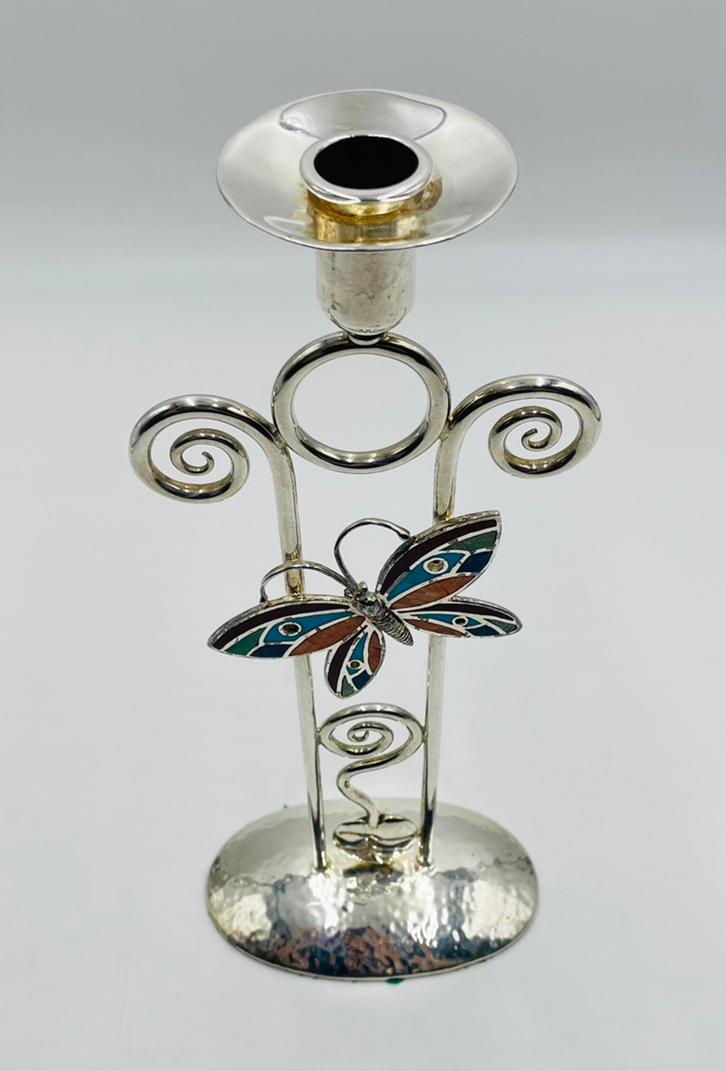 Fine XX secolo Emilia Castillo Portacandele a Farfalla placcato argento con intarsio di pietre, messicano in vendita