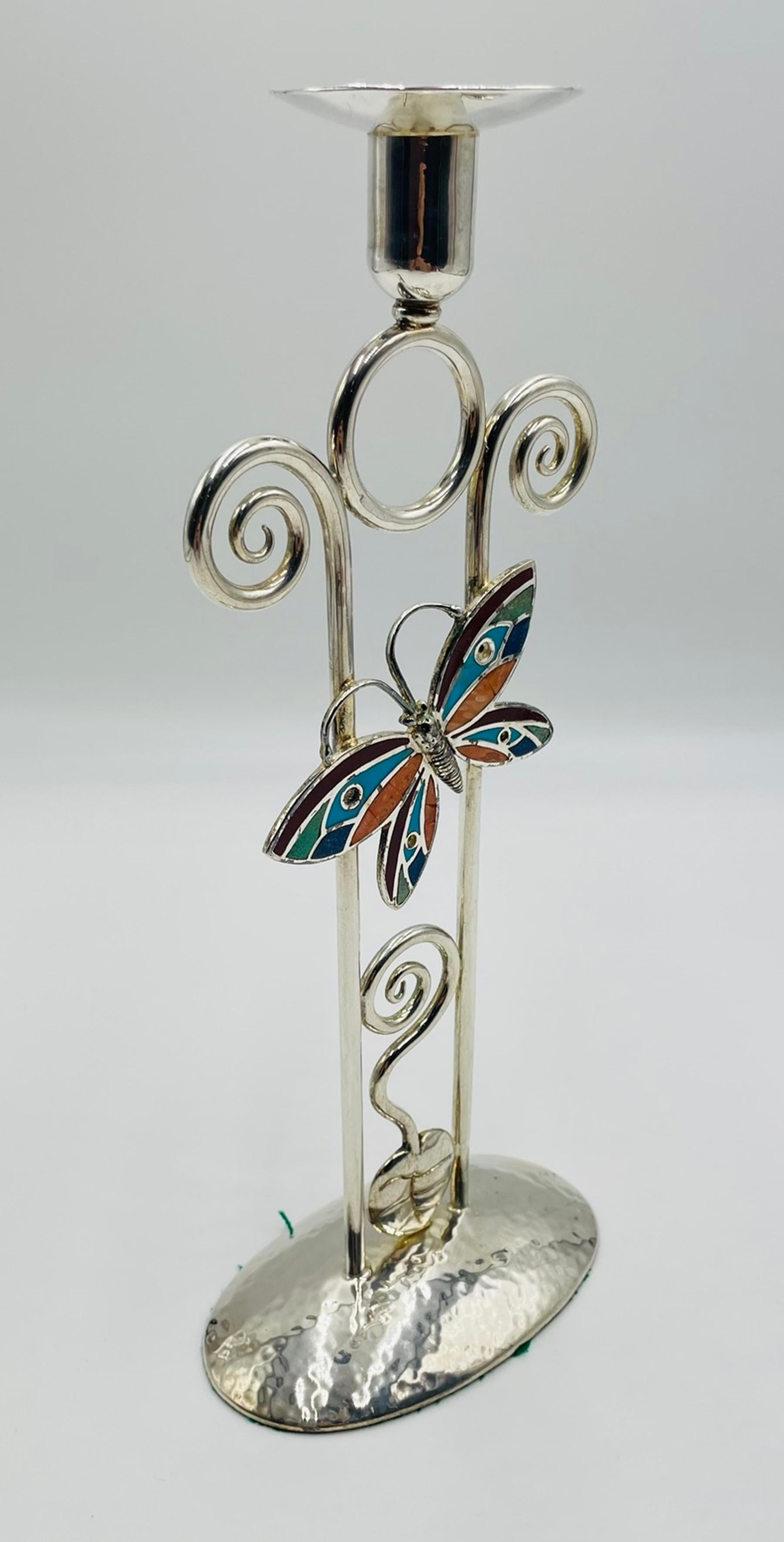 Placcato argento Emilia Castillo Portacandele a Farfalla placcato argento con intarsio di pietre, messicano in vendita
