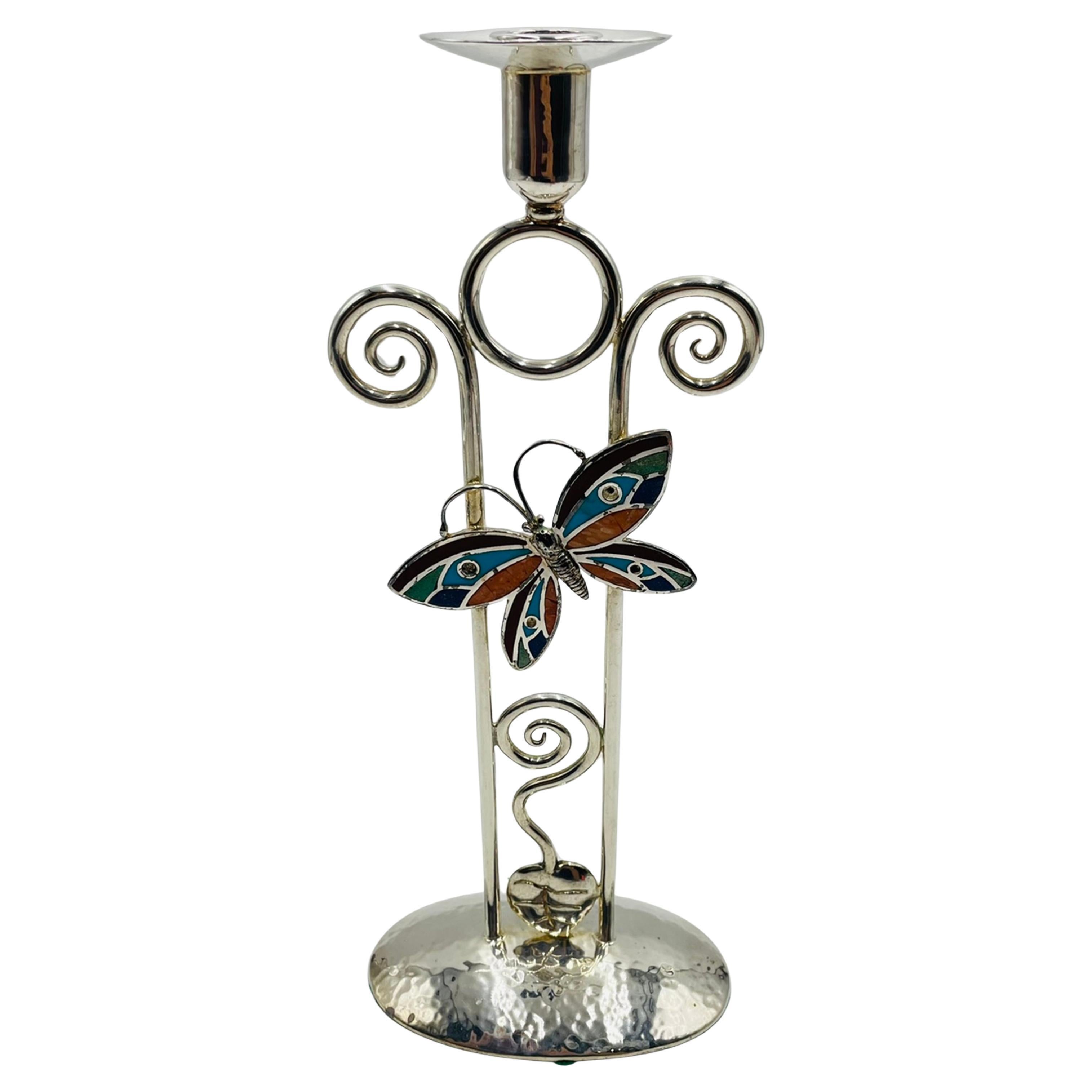Emilia Castillo Portacandele a Farfalla placcato argento con intarsio di pietre, messicano in vendita