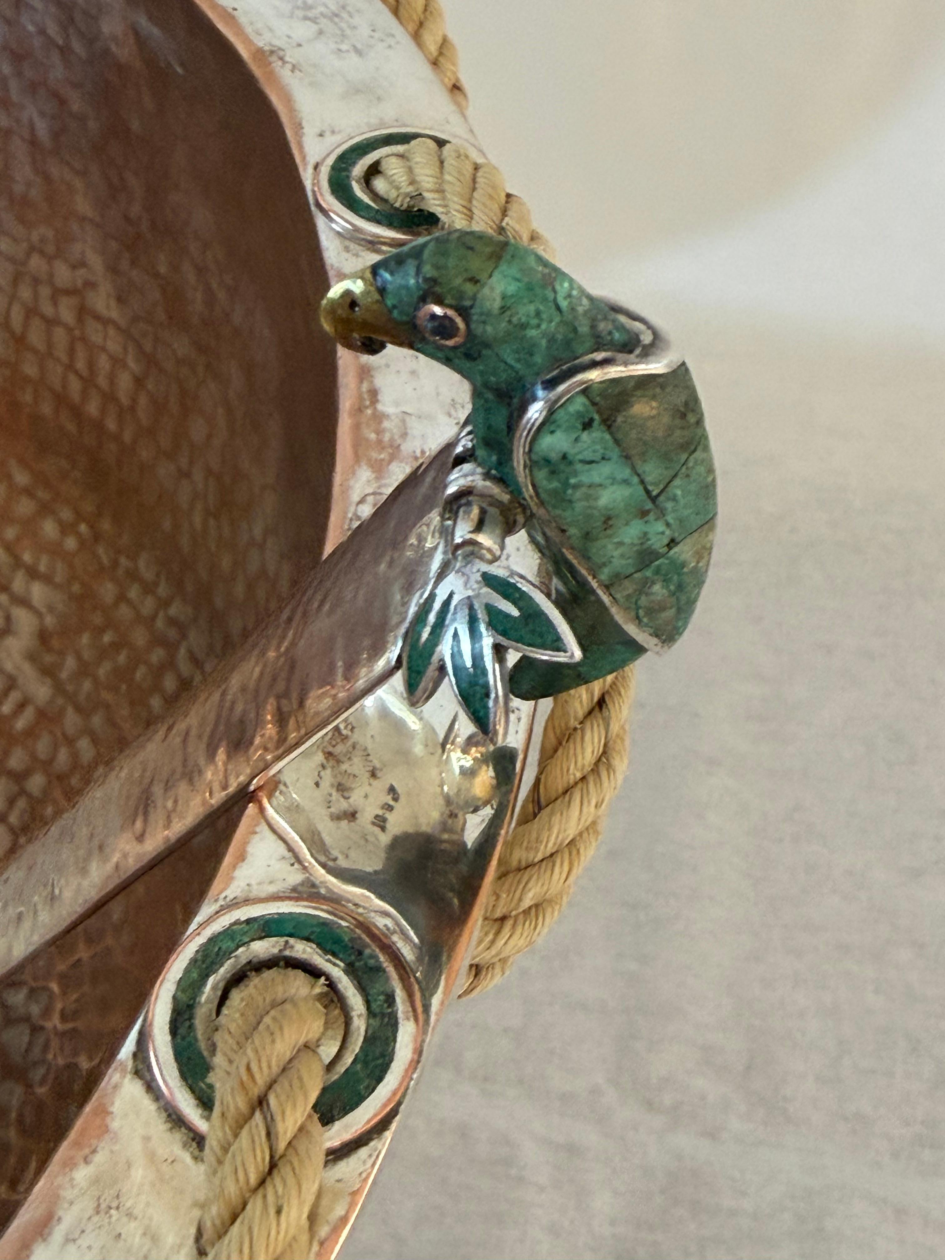 Emilia Castillo Silver Plated Copper Bowl with Malachite and Parrot Ladle For Sale 3