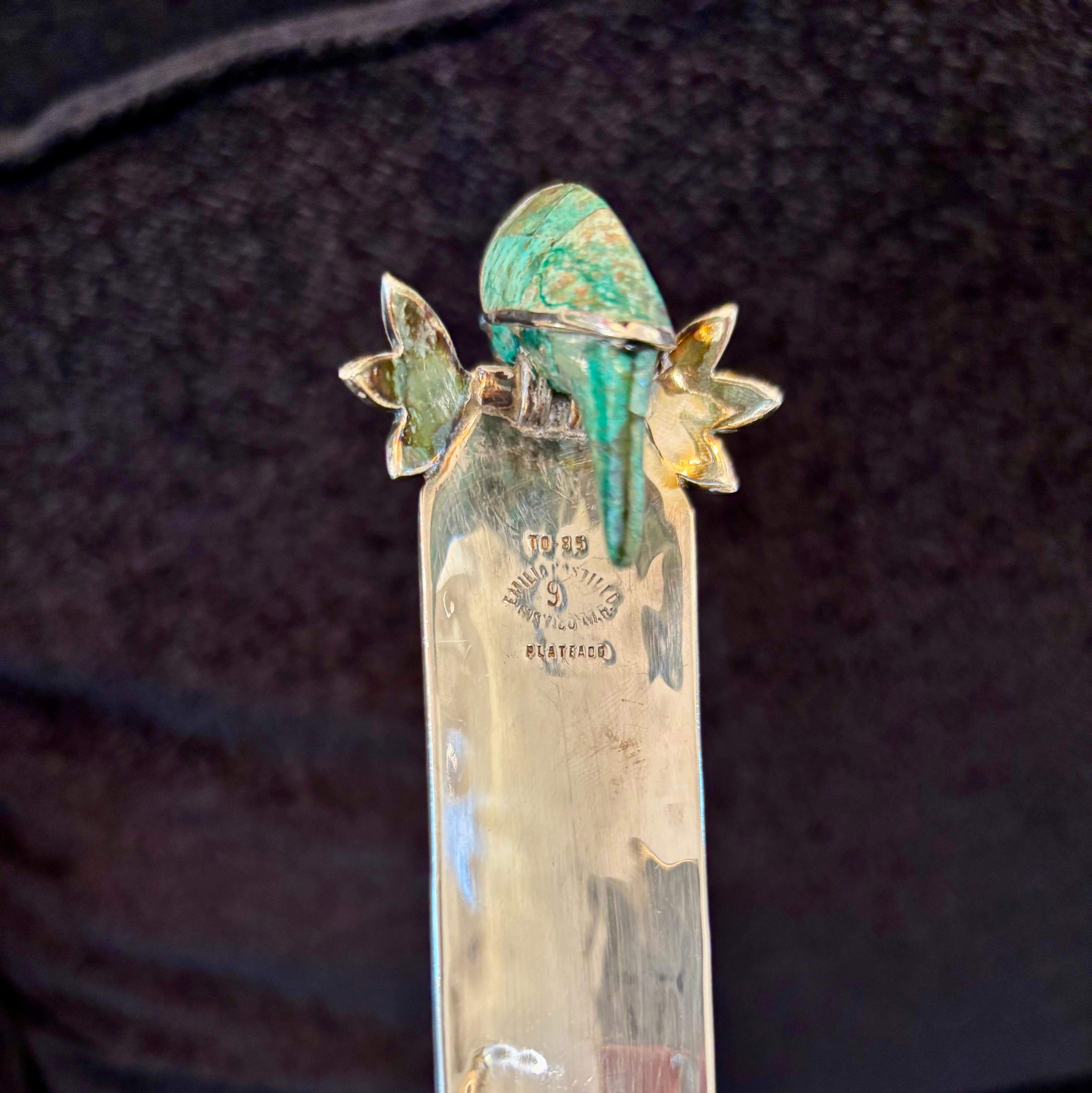 Emilia Castillo Silver Plated Copper Bowl with Malachite and Parrot Ladle For Sale 5