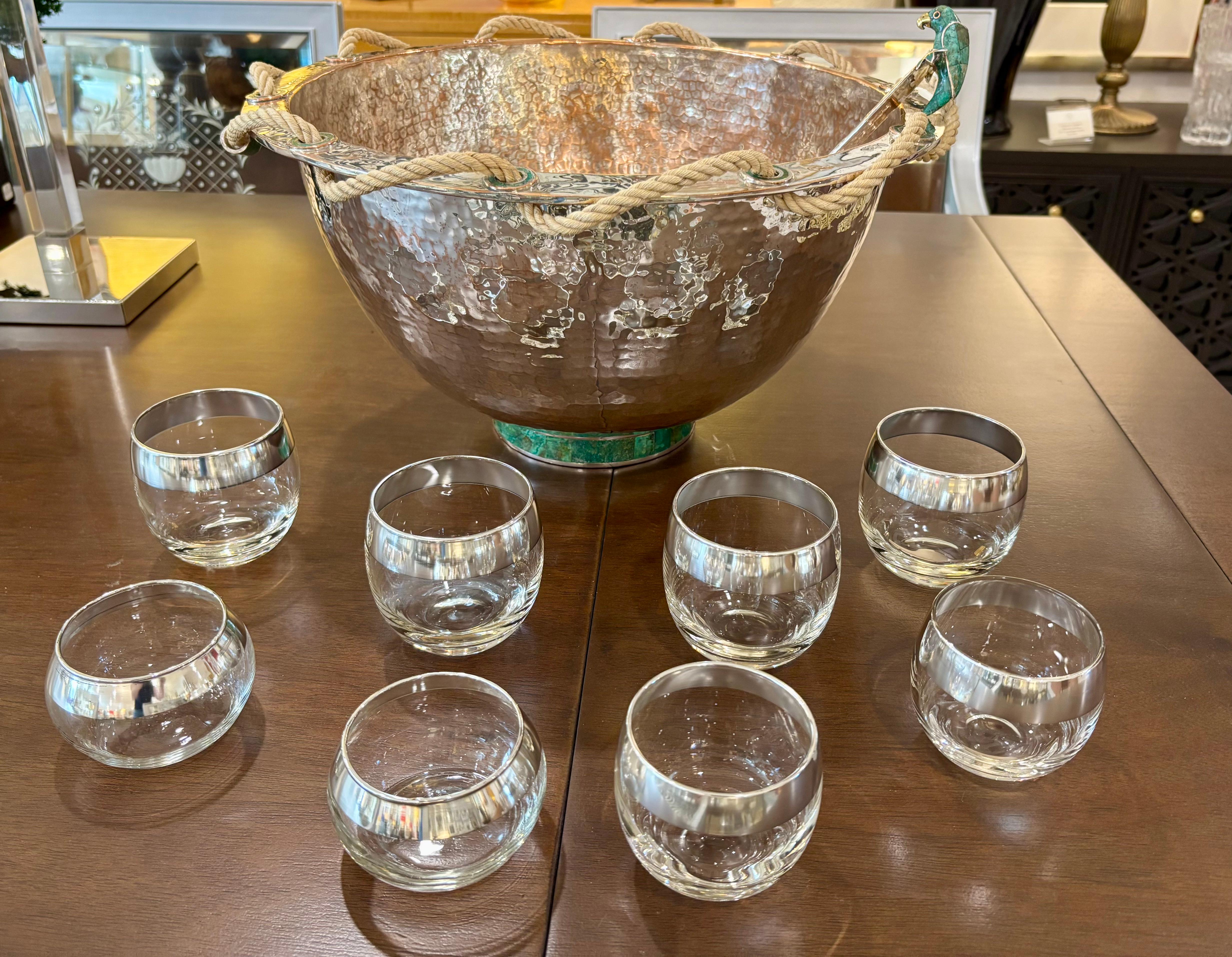 Emilia Castillo Silver Plated Copper Bowl with Malachite and Parrot Ladle For Sale 7