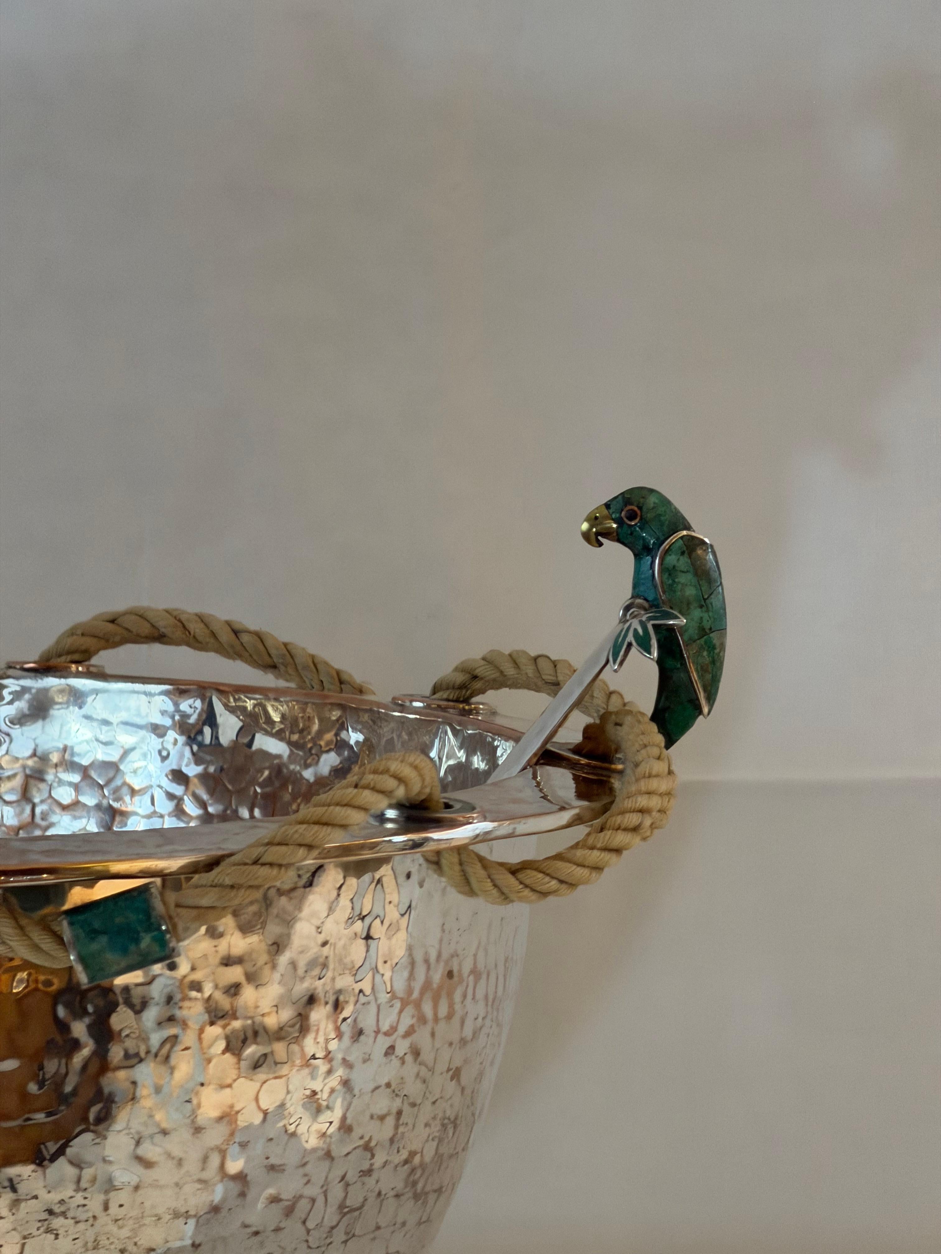 Organic Modern Emilia Castillo Silver Plated Copper Bowl with Malachite and Parrot Ladle For Sale