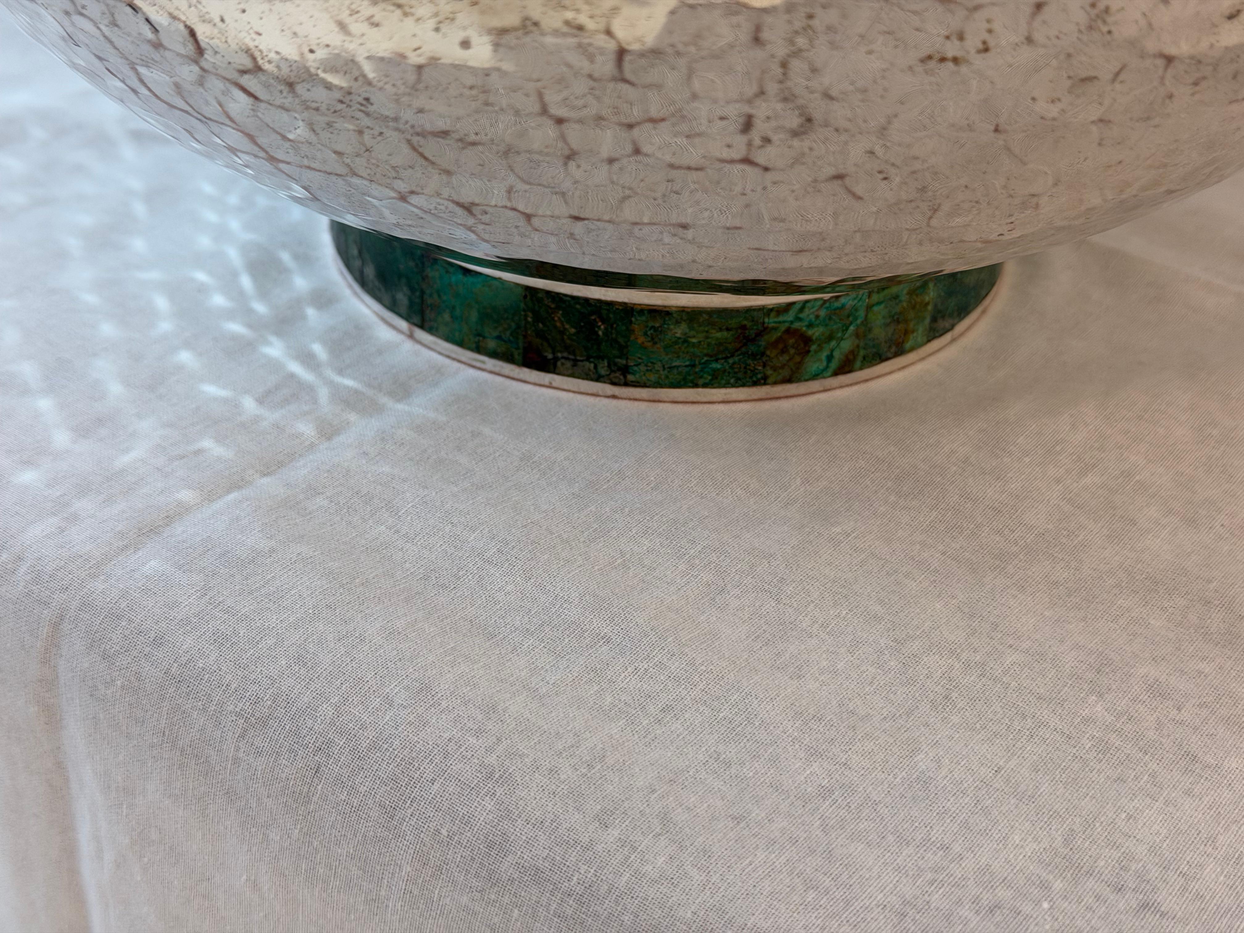 Mexican Emilia Castillo Silver Plated Copper Bowl with Malachite and Parrot Ladle For Sale