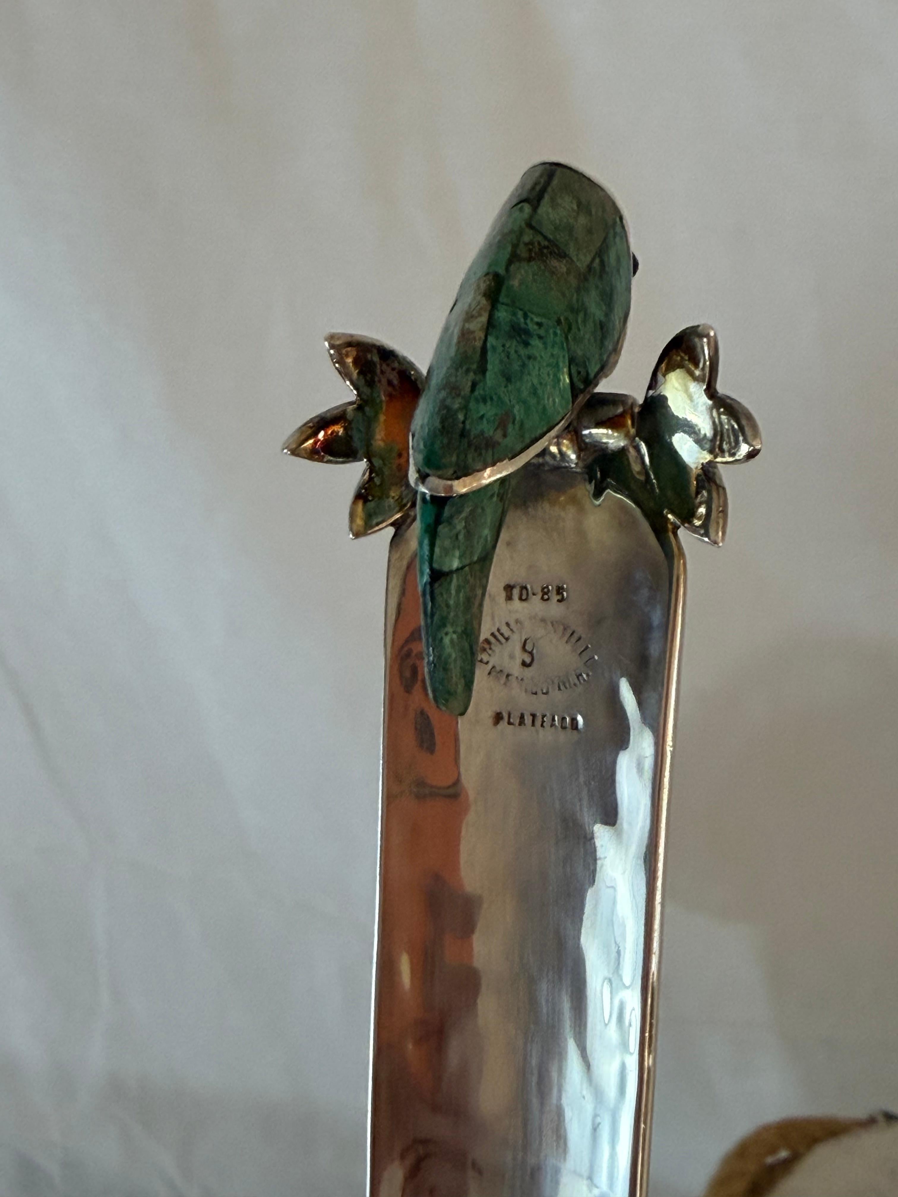 Hammered Emilia Castillo Silver Plated Copper Bowl with Malachite and Parrot Ladle For Sale