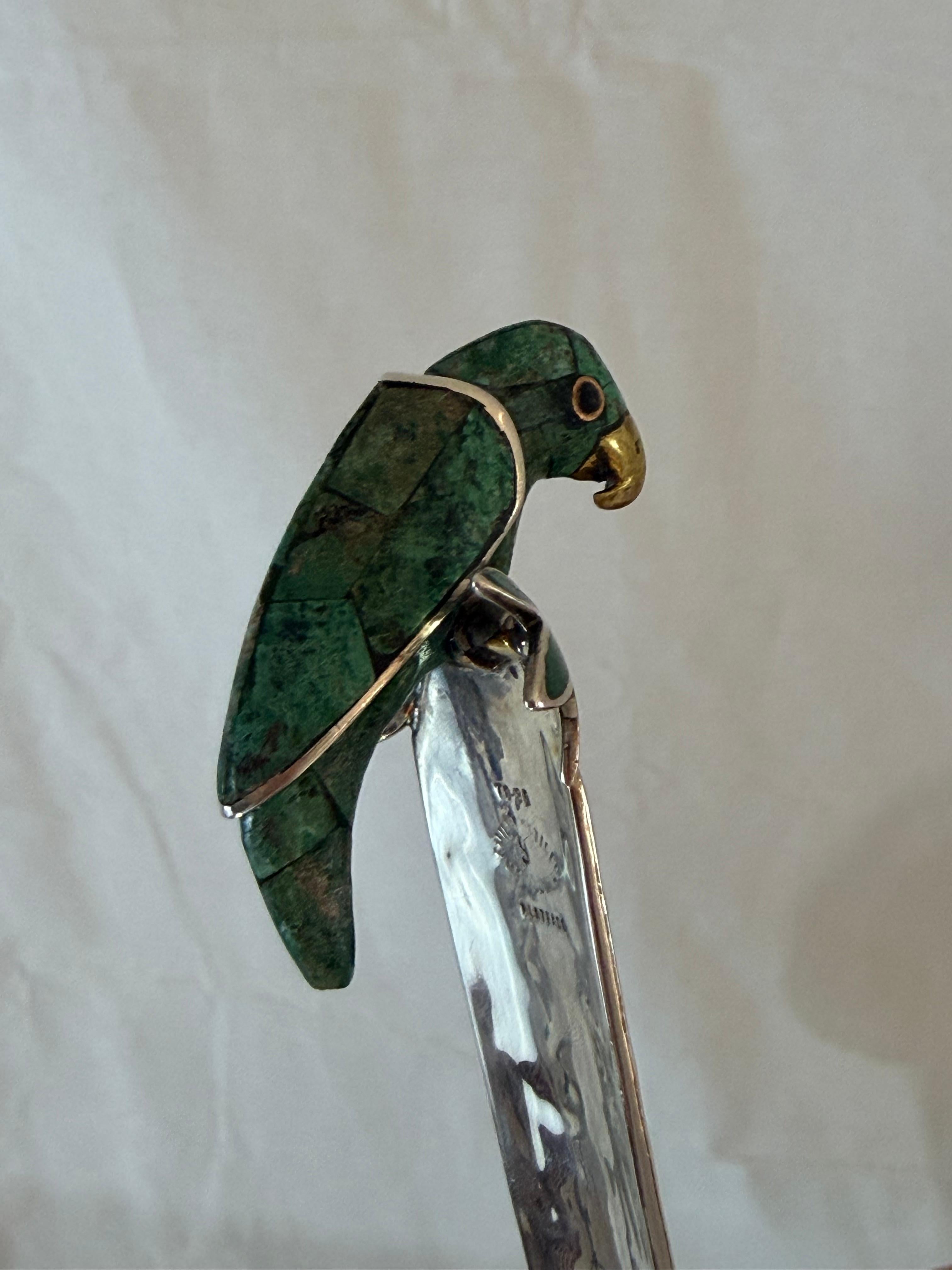 Emilia Castillo Silver Plated Copper Bowl with Malachite and Parrot Ladle In Good Condition For Sale In Palm Desert, CA