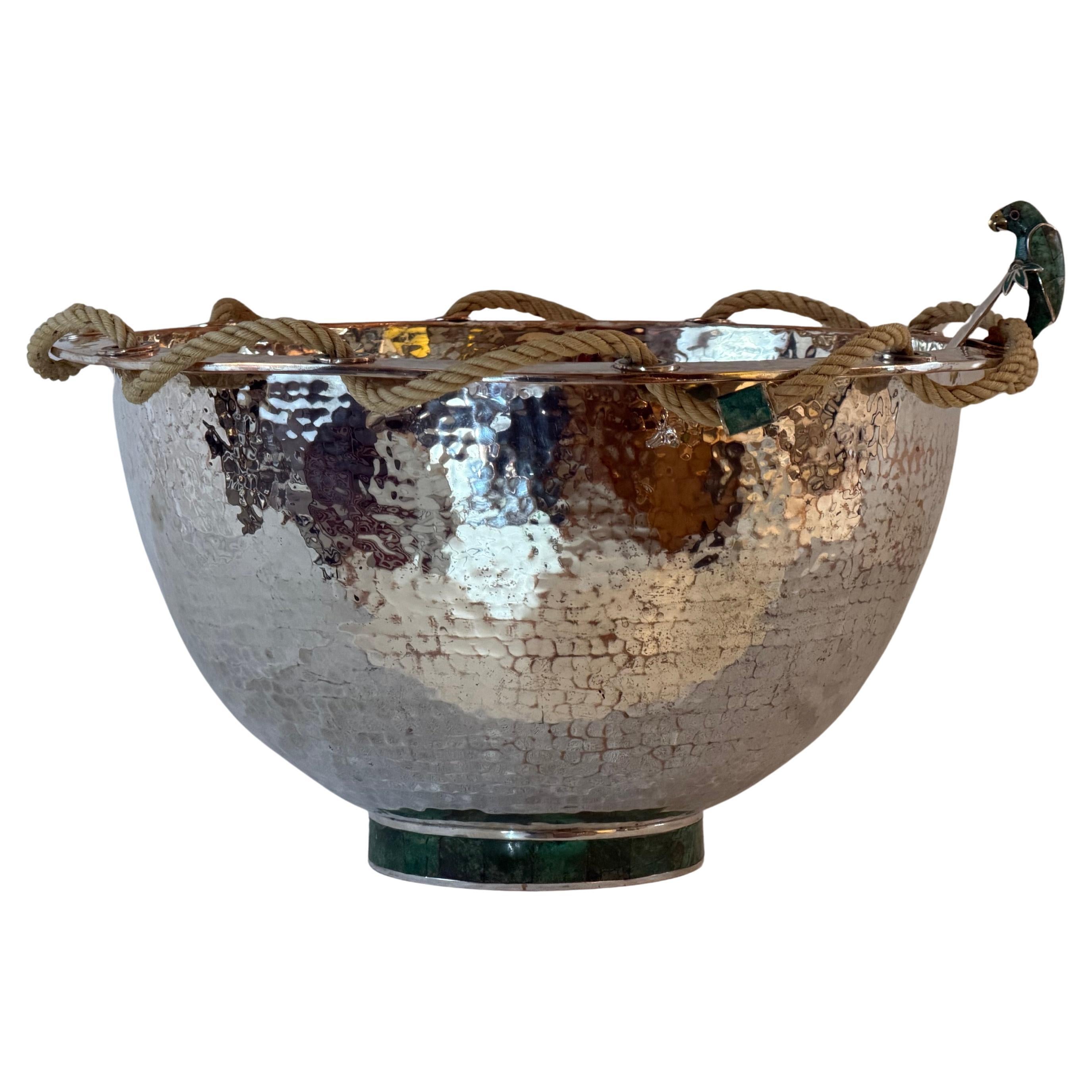 Emilia Castillo Silver Plated Copper Bowl with Malachite and Parrot Ladle For Sale