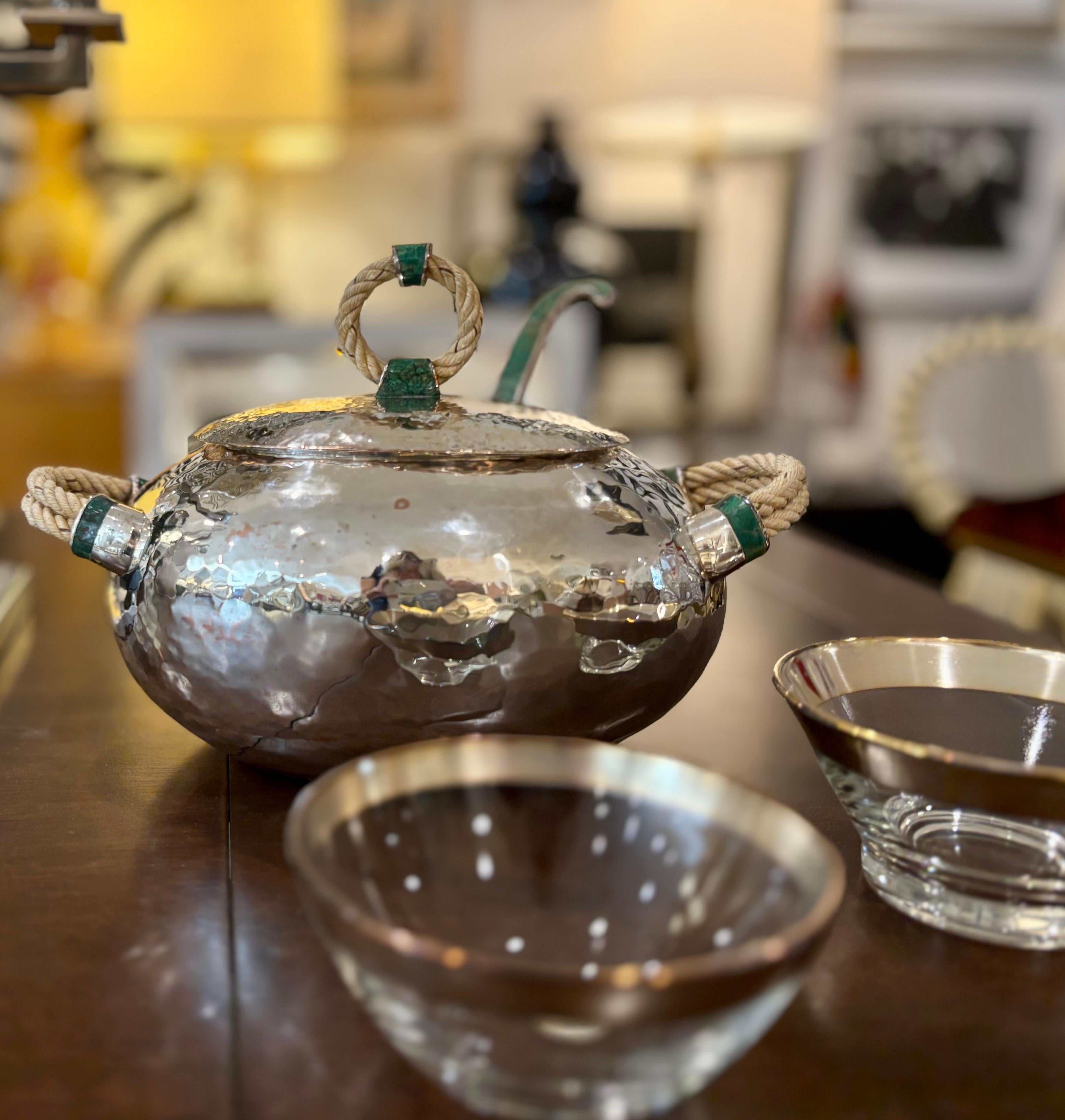 Emilia Castillo Silver Plated Copper Soup Tureen with Malachite and Rope Handles For Sale 9