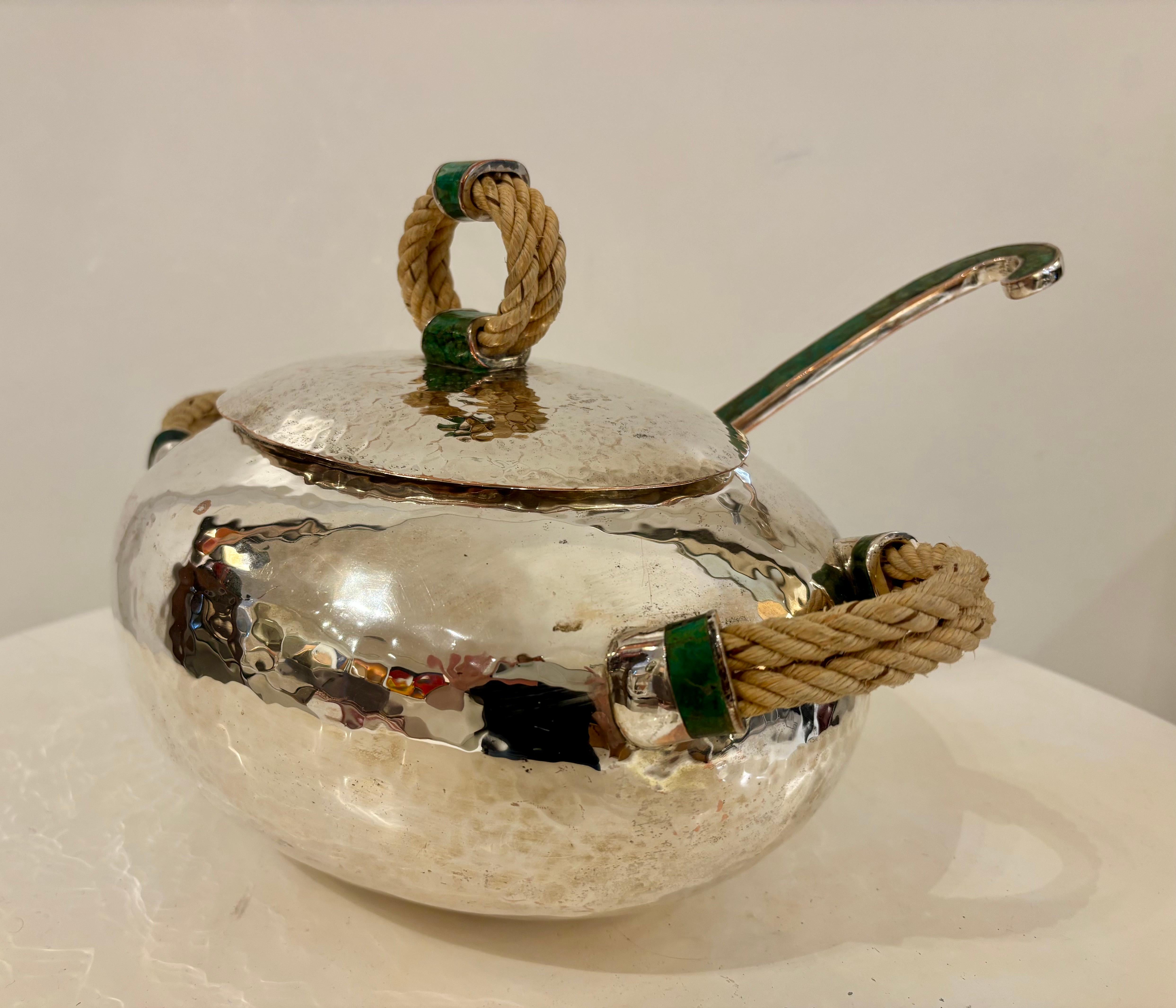 Organic Modern Emilia Castillo Silver Plated Copper Soup Tureen with Malachite and Rope Handles For Sale