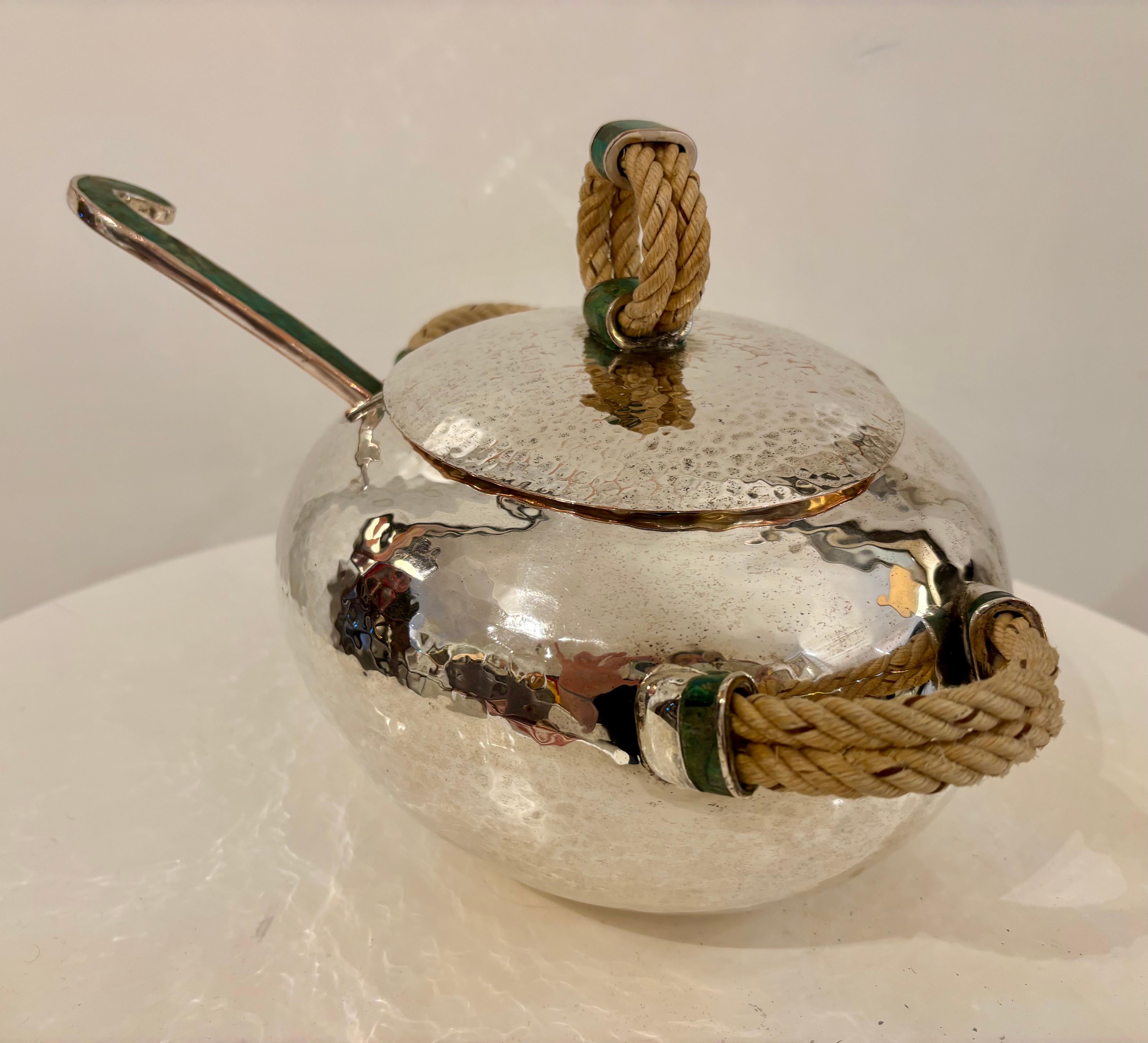 Mexican Emilia Castillo Silver Plated Copper Soup Tureen with Malachite and Rope Handles For Sale
