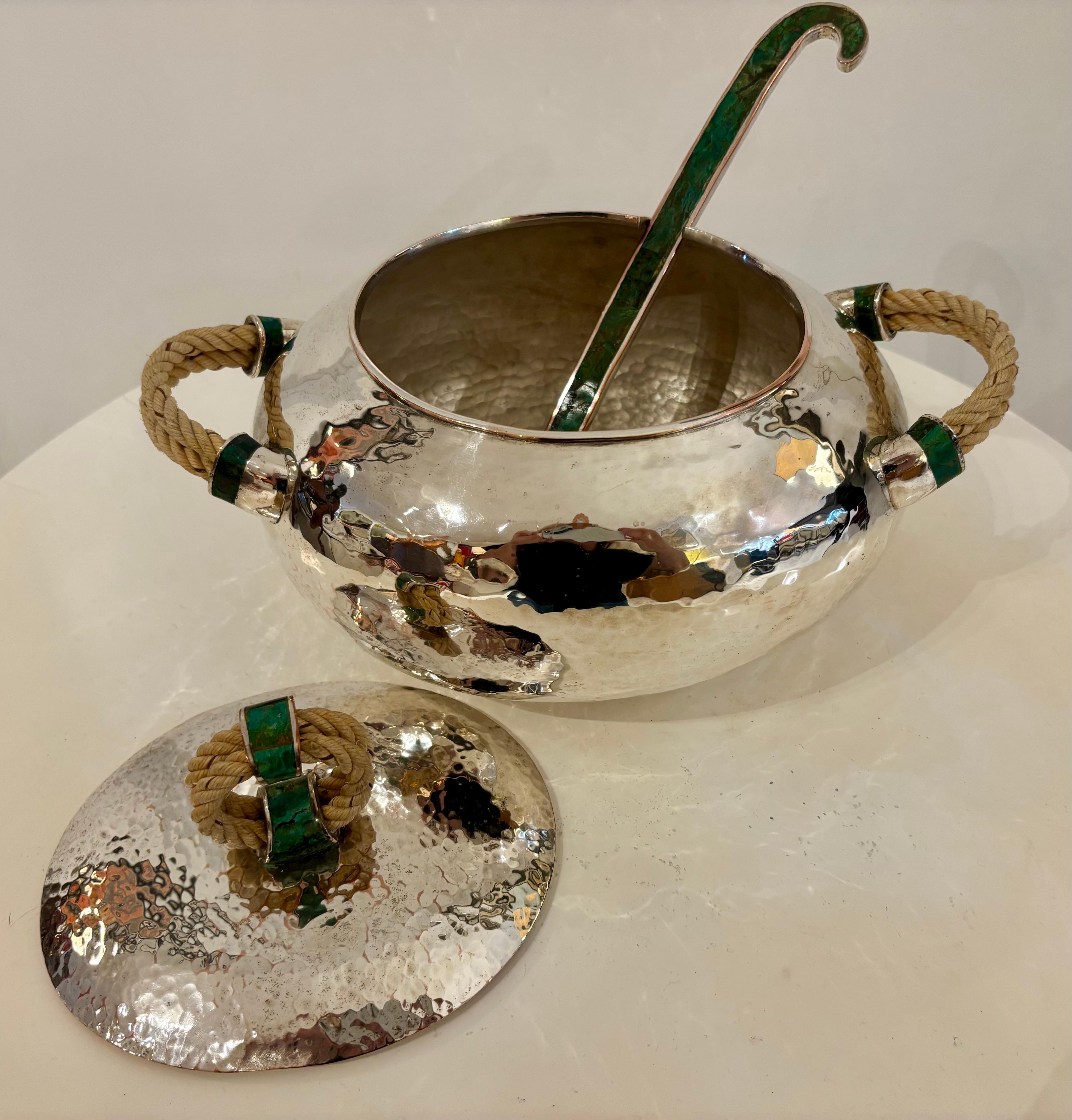 Hammered Emilia Castillo Silver Plated Copper Soup Tureen with Malachite and Rope Handles For Sale