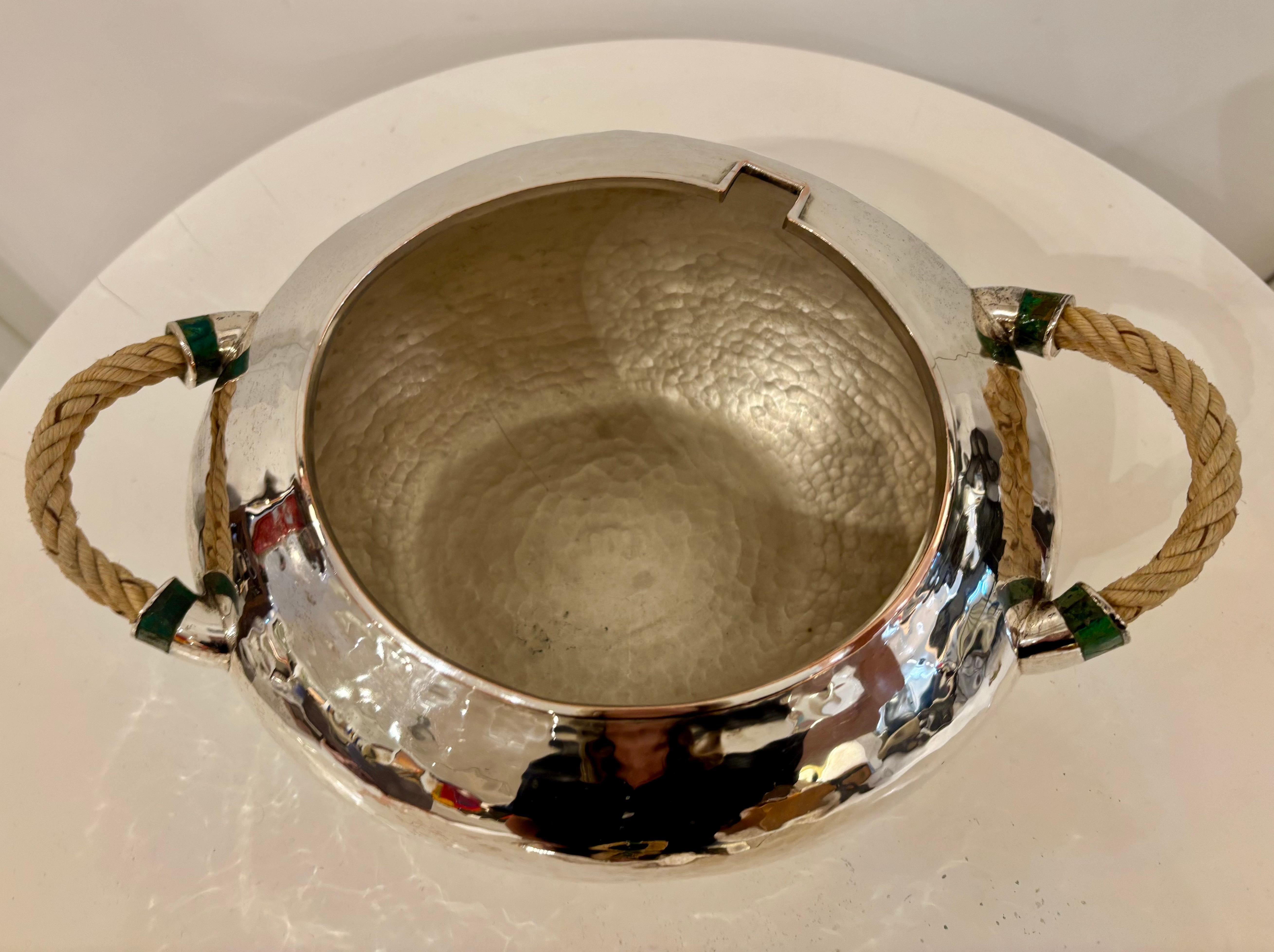 Emilia Castillo Silver Plated Copper Soup Tureen with Malachite and Rope Handles In Good Condition For Sale In Palm Desert, CA