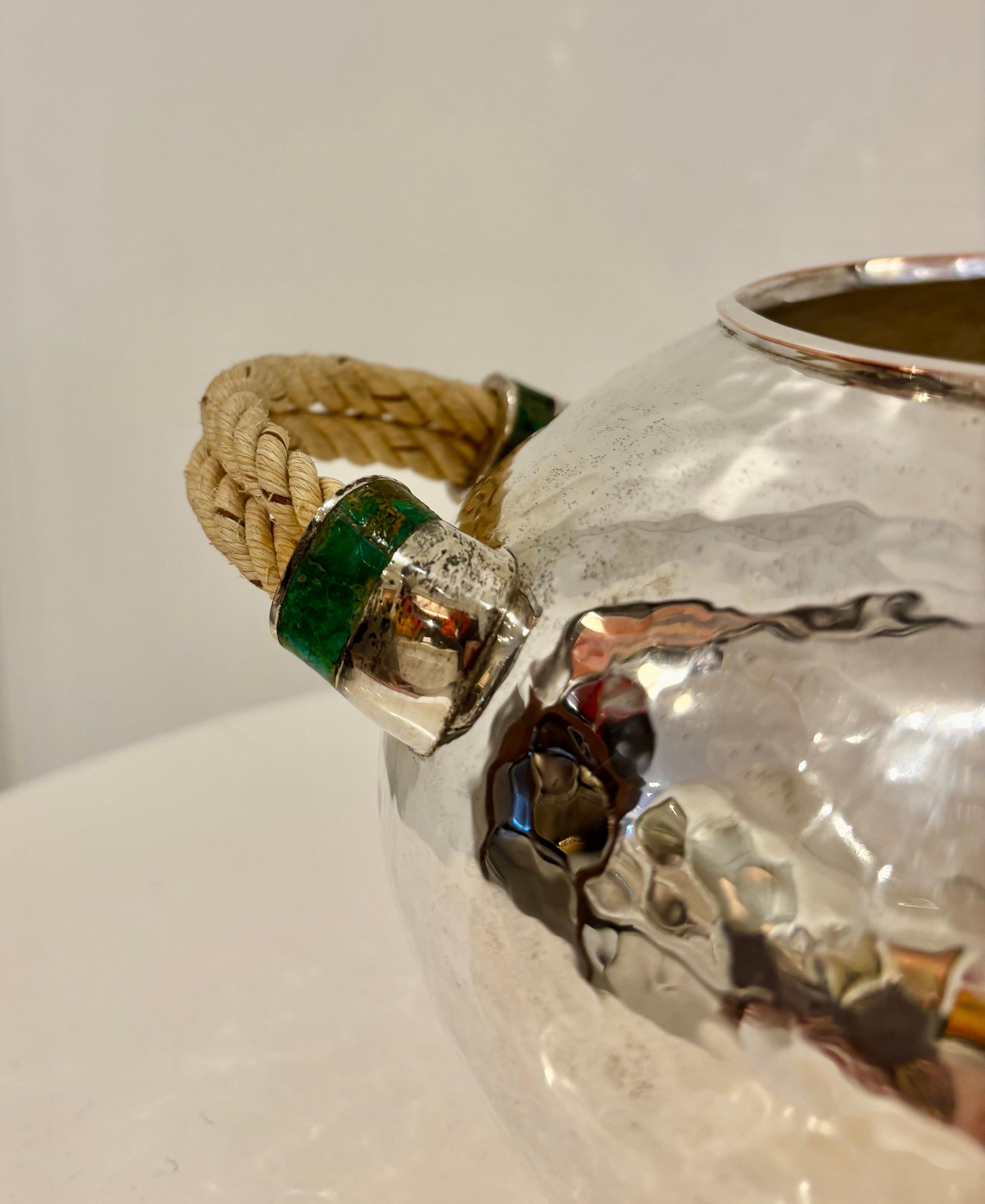 Late 20th Century Emilia Castillo Silver Plated Copper Soup Tureen with Malachite and Rope Handles For Sale