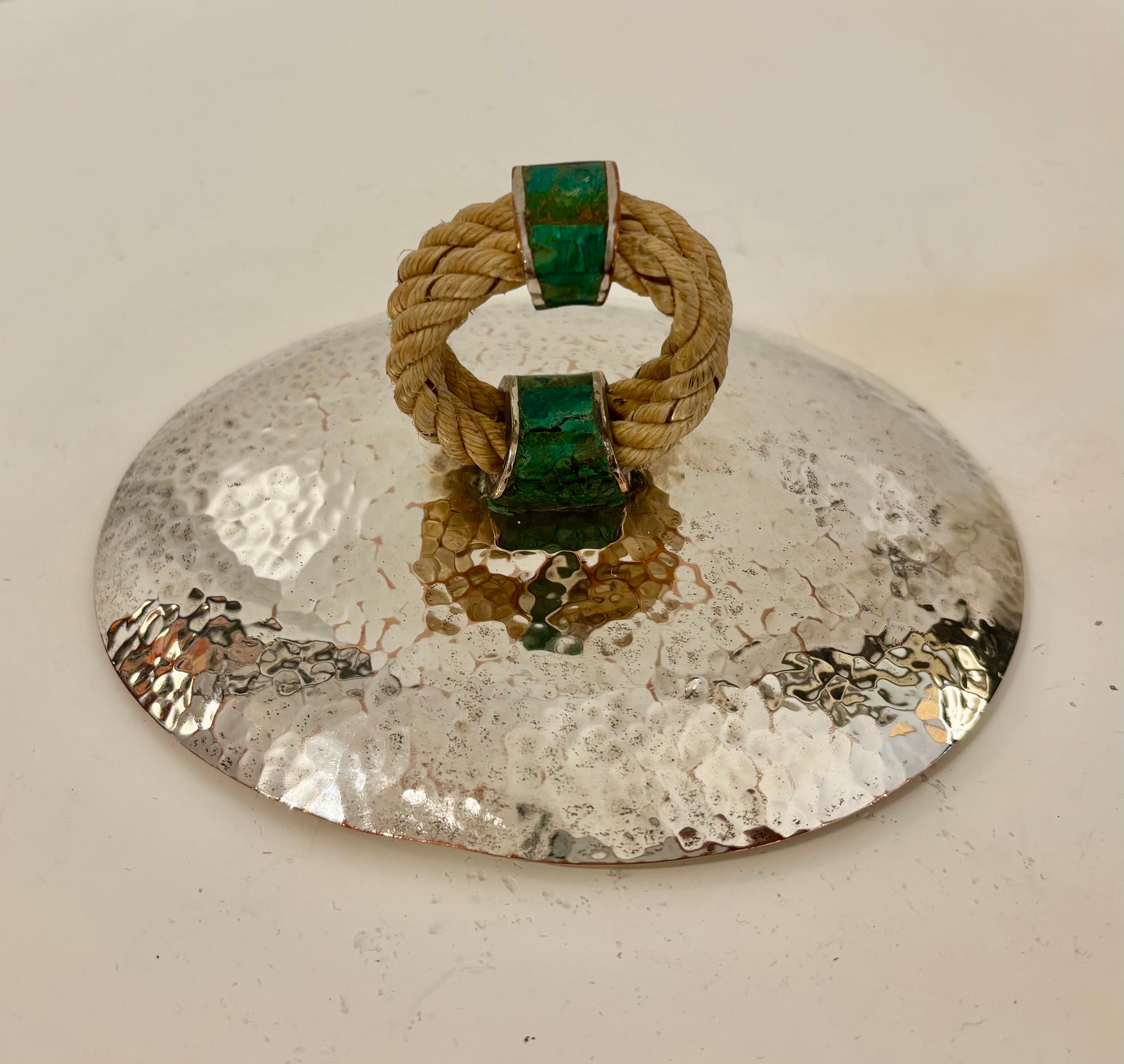 Emilia Castillo Silver Plated Copper Soup Tureen with Malachite and Rope Handles For Sale 1