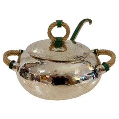 Emilia Castillo Silver Plated Copper Soup Tureen with Malachite and Rope Handles