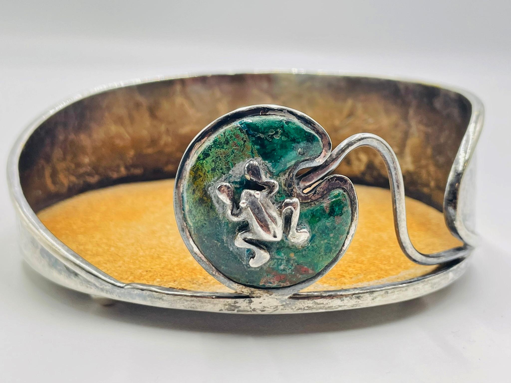 Emilia Castillo rana e malachite placcata in argento, Taxco, anni '80 In condizioni buone in vendita a Los Angeles, CA