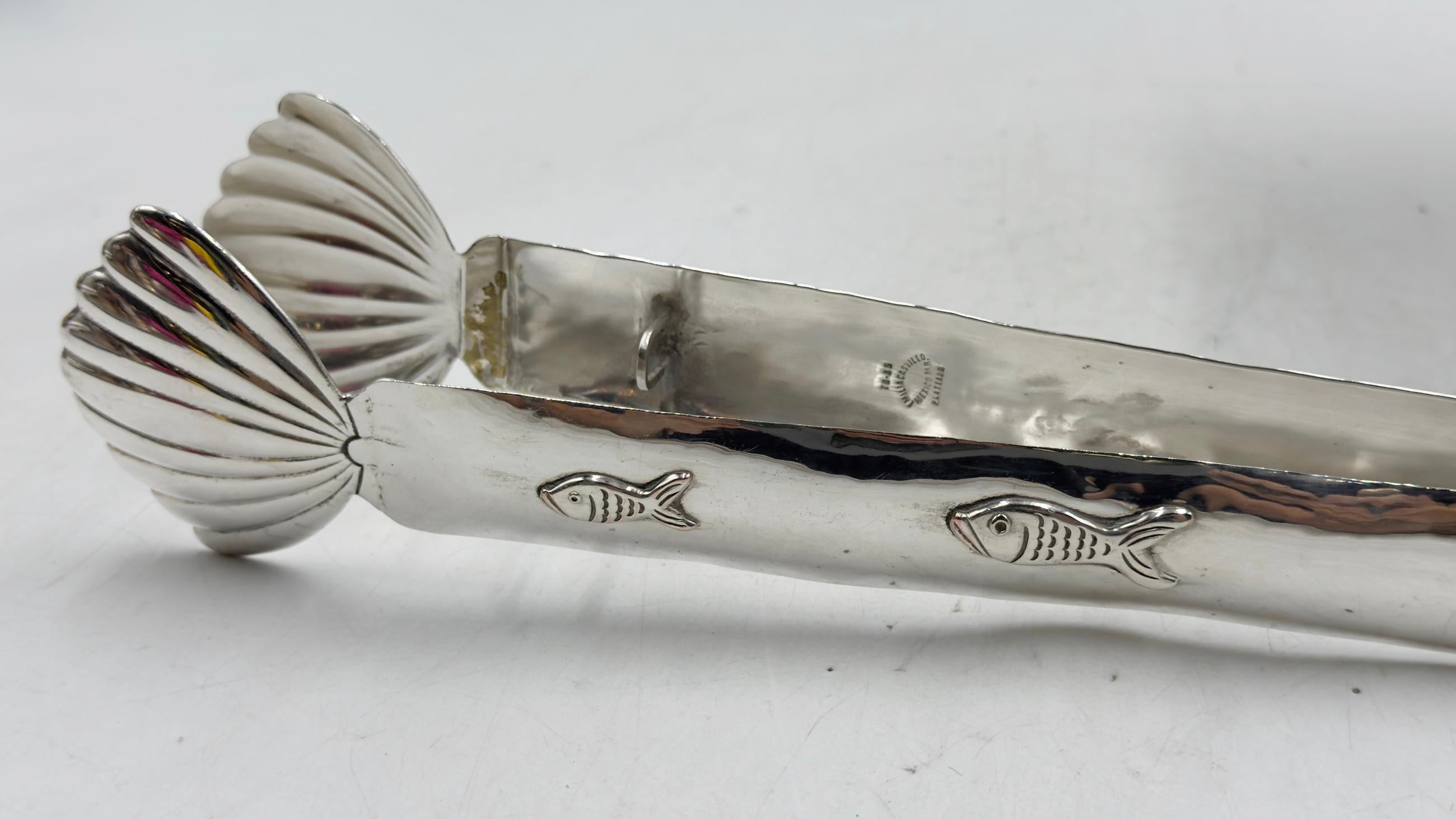 Seau à glace et pince en métal argenté avec motif de coquillage, Mexique, Emilia Castillo en vente 4